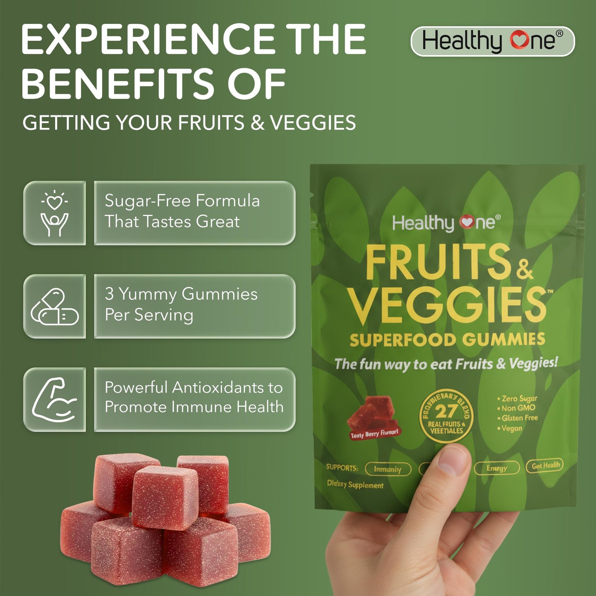 Fruits & Veggies Sugar-Free Gummies - 27 Whole Foods - Equals 3 Servings of Fruits & Vegetables - Improve Energy, Focus & Immune Function - Fiber - Antioxidants - Organic Ingredients - 14 Packets Healthy OneAu supplements