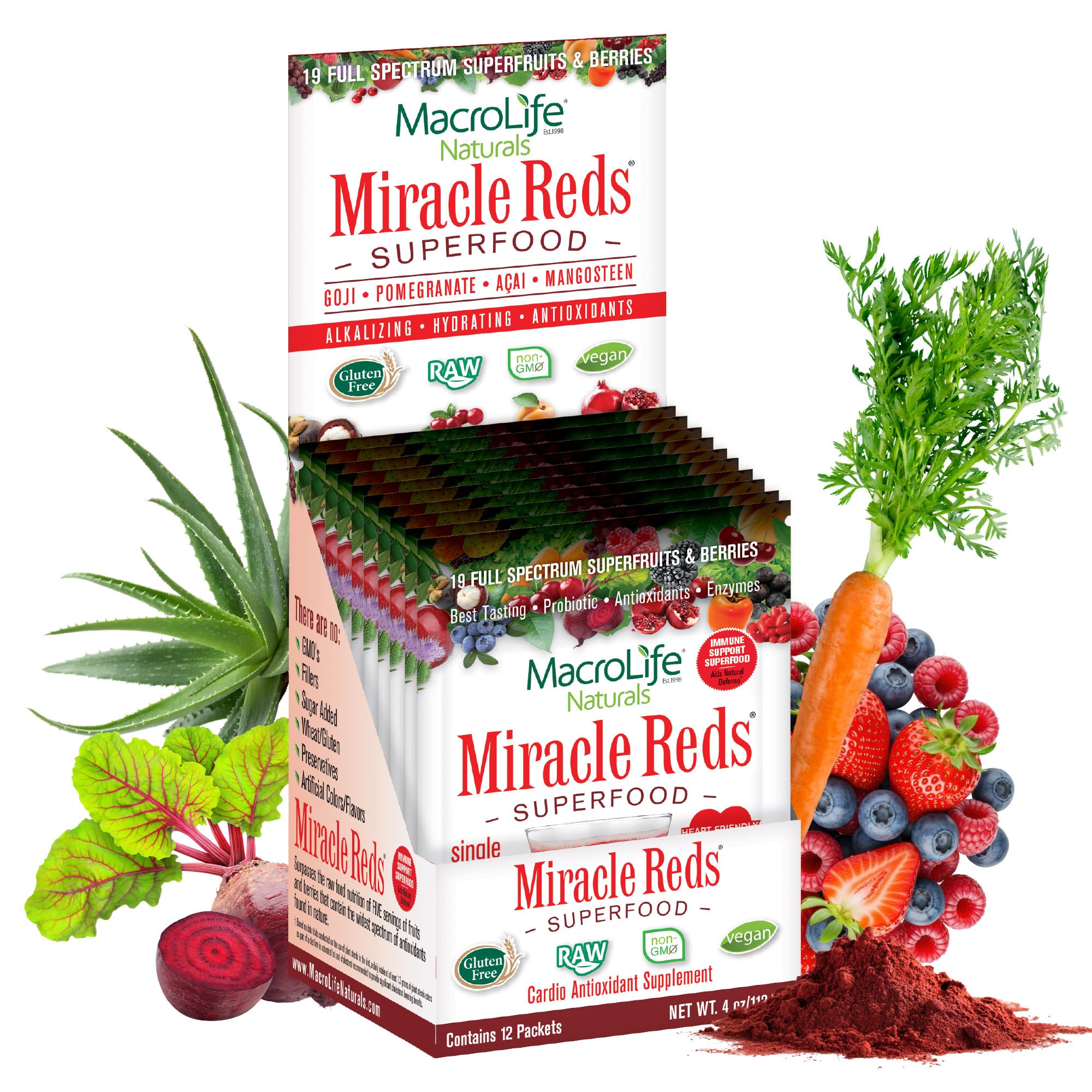 MacroLife Naturals Miracle Reds Superfood Powder 19 Blended Fruit & Berry Polyphenols Enzymes Probiotics & Antioxidants Supplement - Raw Non-GMO & Vegan Whole Food Vitamins - 12 Packet Servings MacroLife NaturalsAu supplements