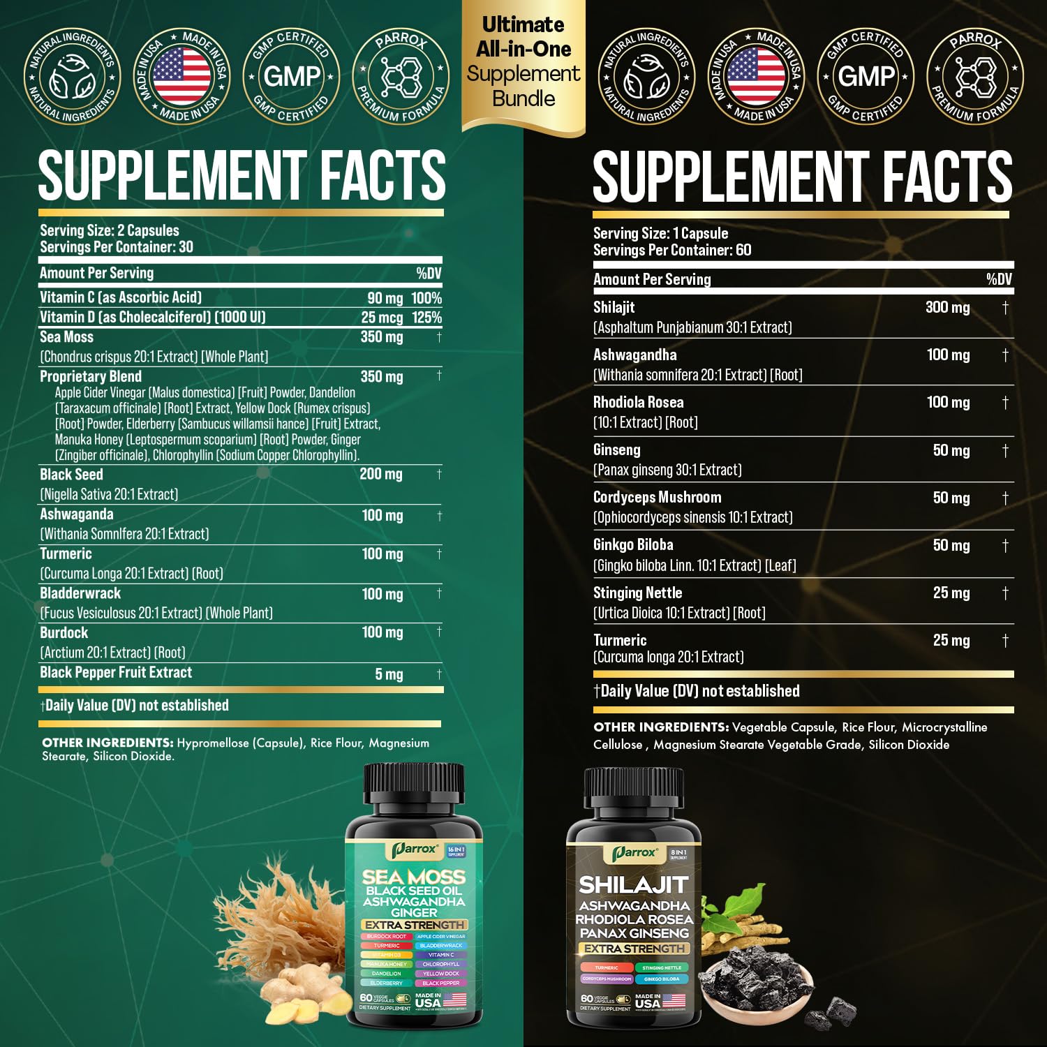 Parrox Shilajit and Sea Moss Bundle, Sea Moss 350mg, Black Seed Oil 200mg, Ashwagandha 100mg, Turmeric, Shilajit 300mg, Rhodiola Rosea 100mg, Panax Ginseng 50mg, Dynamic Vitality Bundle (2 Pack) ParroxAu supplements