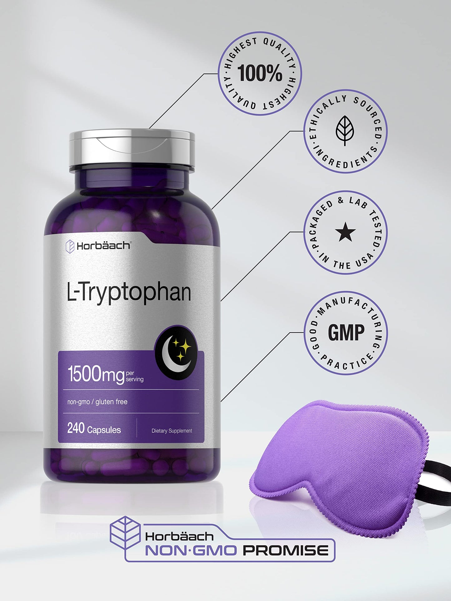 L Tryptophan 1500mg Capsules | 240 Count | Nighttime Formula | Non-GMO, Gluten Free HorbäachUS supplements