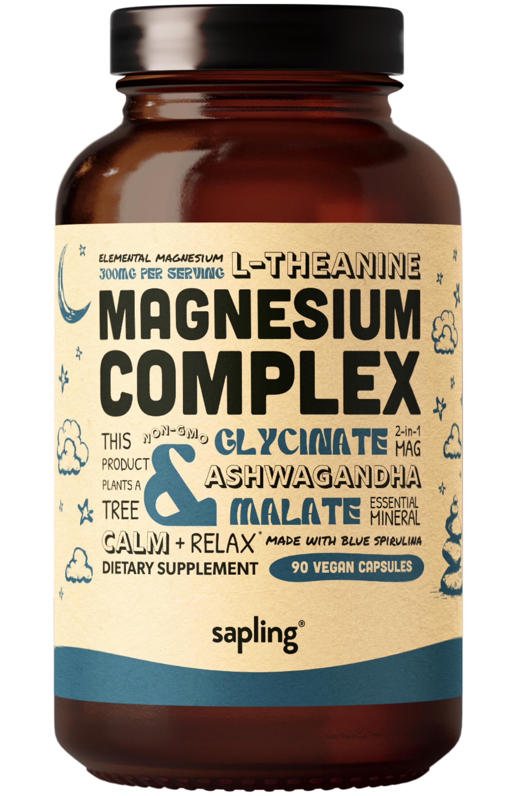 Magnesium Glycinate Complex Supplement - Chelated Magnesium Glycinate with Malate, Organic Ashwagandha, L-theanine & Blue Spirulina - High Absorption, Vegan, Non-GMO, 300mg, 90 Veggie Caps saplingAu supplements