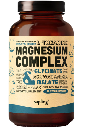 Magnesium Glycinate Complex Supplement - Chelated Magnesium Glycinate with Malate, Organic Ashwagandha, L-theanine & Blue Spirulina - High Absorption, Vegan, Non-GMO, 300mg, 90 Veggie Caps saplingAu supplements