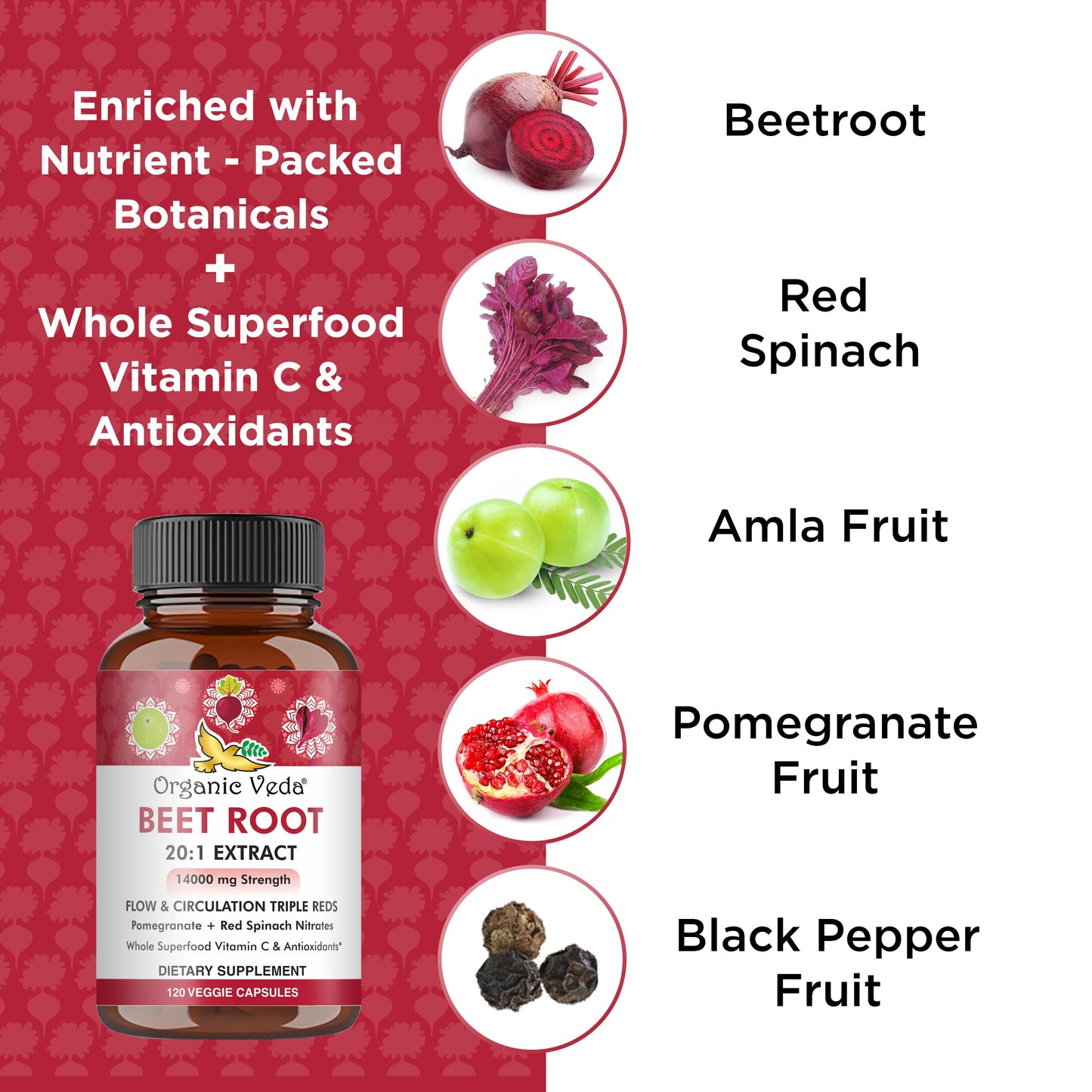 Organic Veda Beet Root Capsules - Triple Reds Nitric Oxide Beets Supplements - Concentrated Organic VedaUS supplements