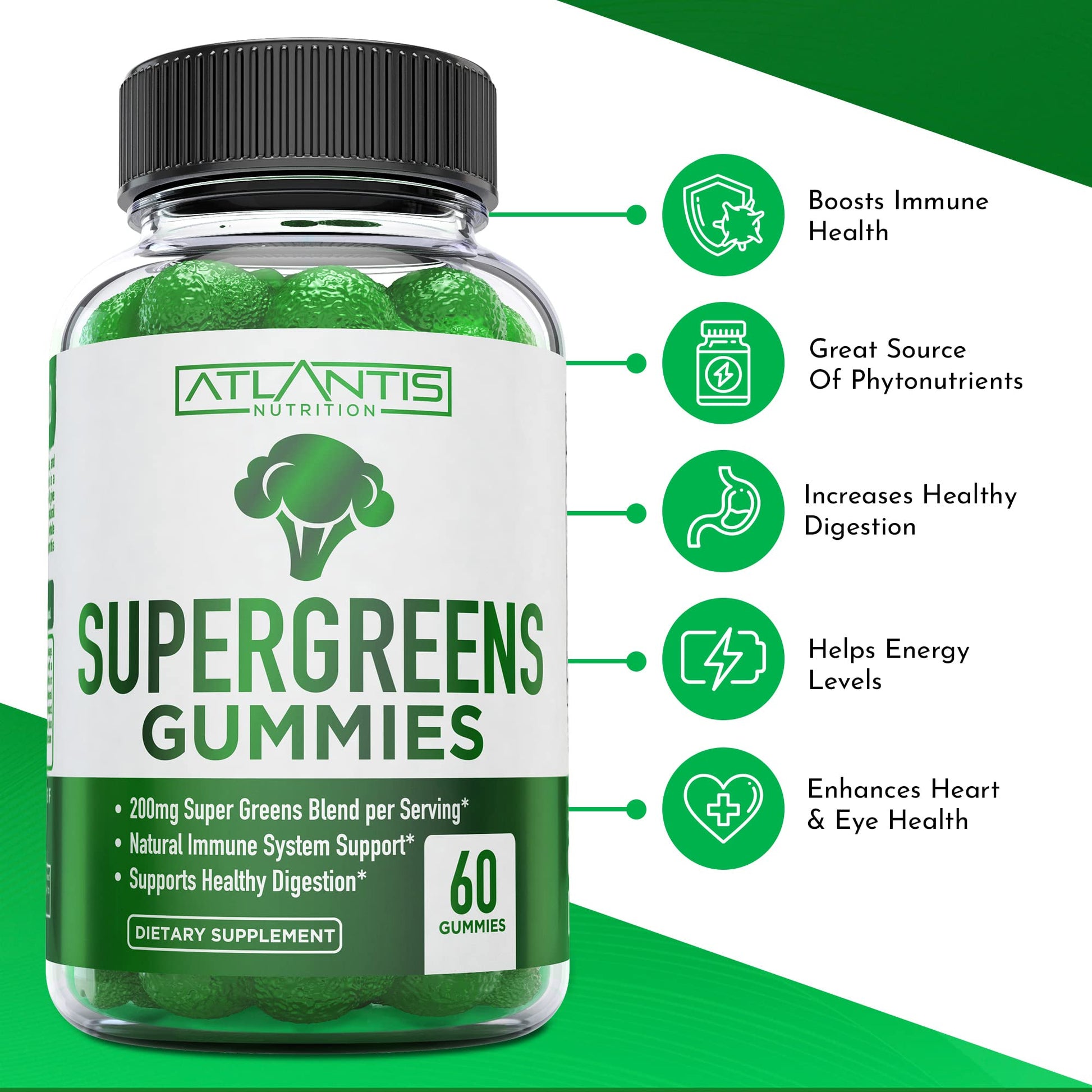 Atlantis Nutrition Supergreens Gummies - Daily Green Superfoods Supplement with Spinach, Broccoli, Moringa, Beet Root, Celery, Green Tea, & Acai for Immunity Support - Natural Raspberry Flavor, 60 cnt Atlantis NutritionAu supplements