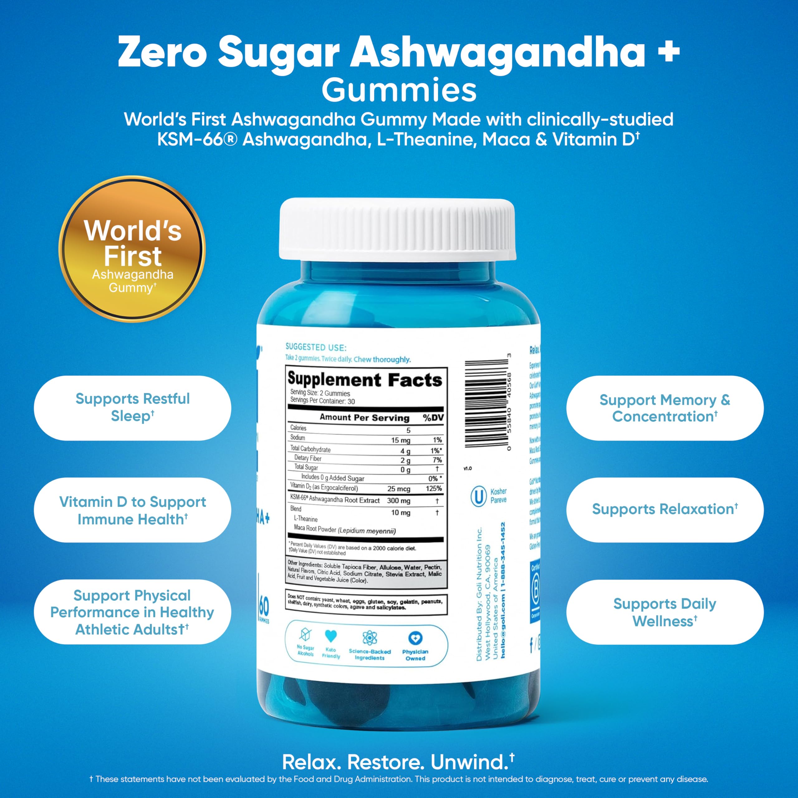 Goli Zero Sugar 6 Pack Bundle - World's First 3-in-1 Pre, Post, Probiotic, Apple Cider Vinegar with Vitamin B12 and Probiotics to Address Bloating, Ashwagandha & L-Theanine, Vitamin D Gummies GoliAu supplements
