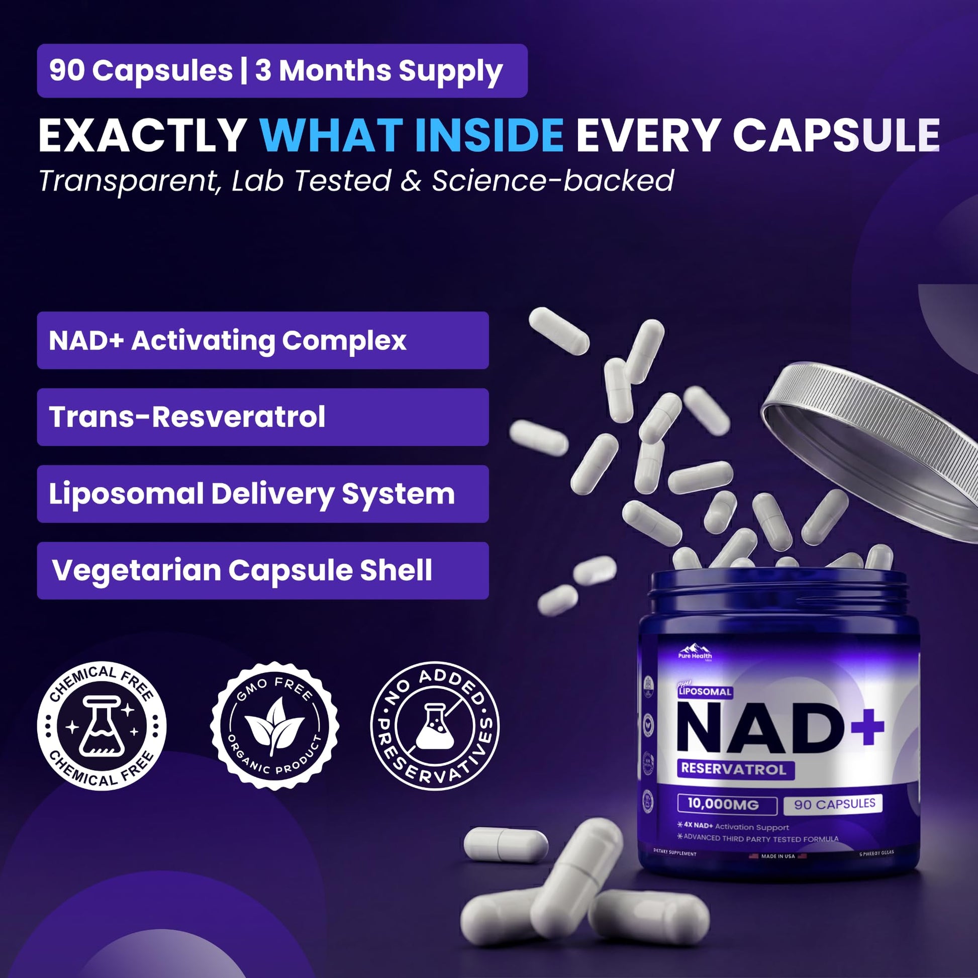 PURE HEALTH MAX PHM NAD Resveratrol Supplement - 10,000MG Extra Strength | NAD+ Liposomal Supplements for Men and Women | NMN & NMNH Alternative | 90 Capsules, 1.5 Months Supply PURE HEALTH MAXAu supplements
