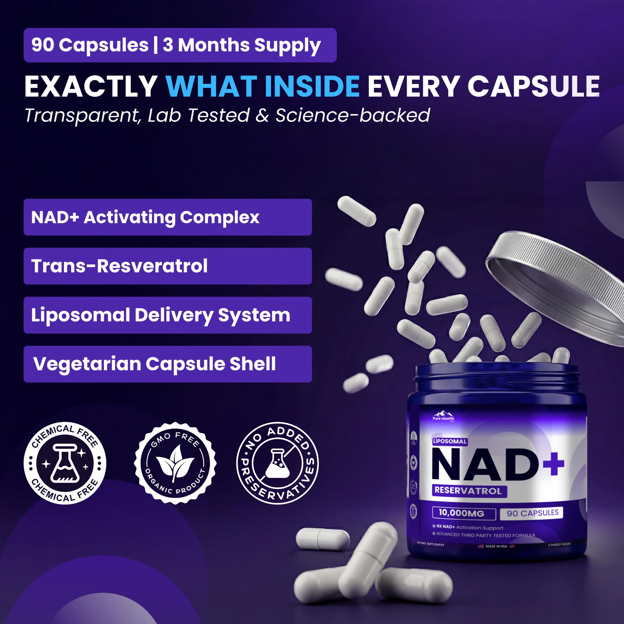 PURE HEALTH MAX PHM NAD Resveratrol Supplement - 10,000MG Extra Strength | NAD+ Liposomal Supplements for Men and Women | NMN & NMNH Alternative | 90 Capsules, 1.5 Months Supply PURE HEALTH MAXAu supplements