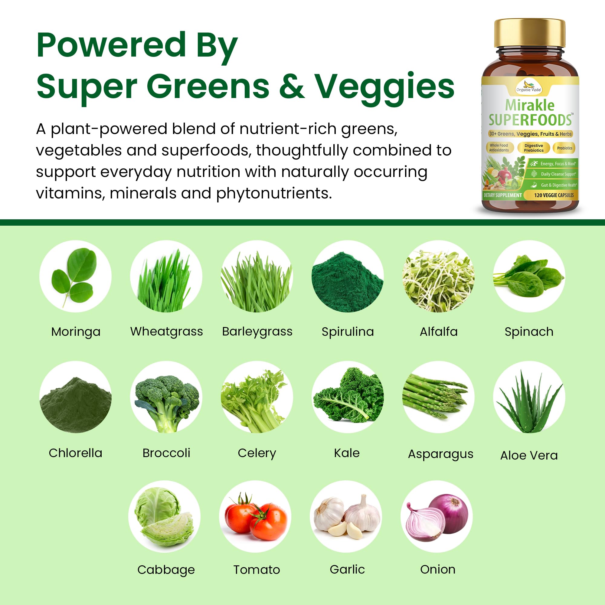 Organic Veda Mirakle Superfoods Greens Capsules - 30+ Daily Greens and Veggies Supplement with Moringa, Spirulina, Chlorella, Turmeric & Herbs, Antioxidants, Resveratrol, Probiotics - 120 Capsule Organic VedaAu supplements