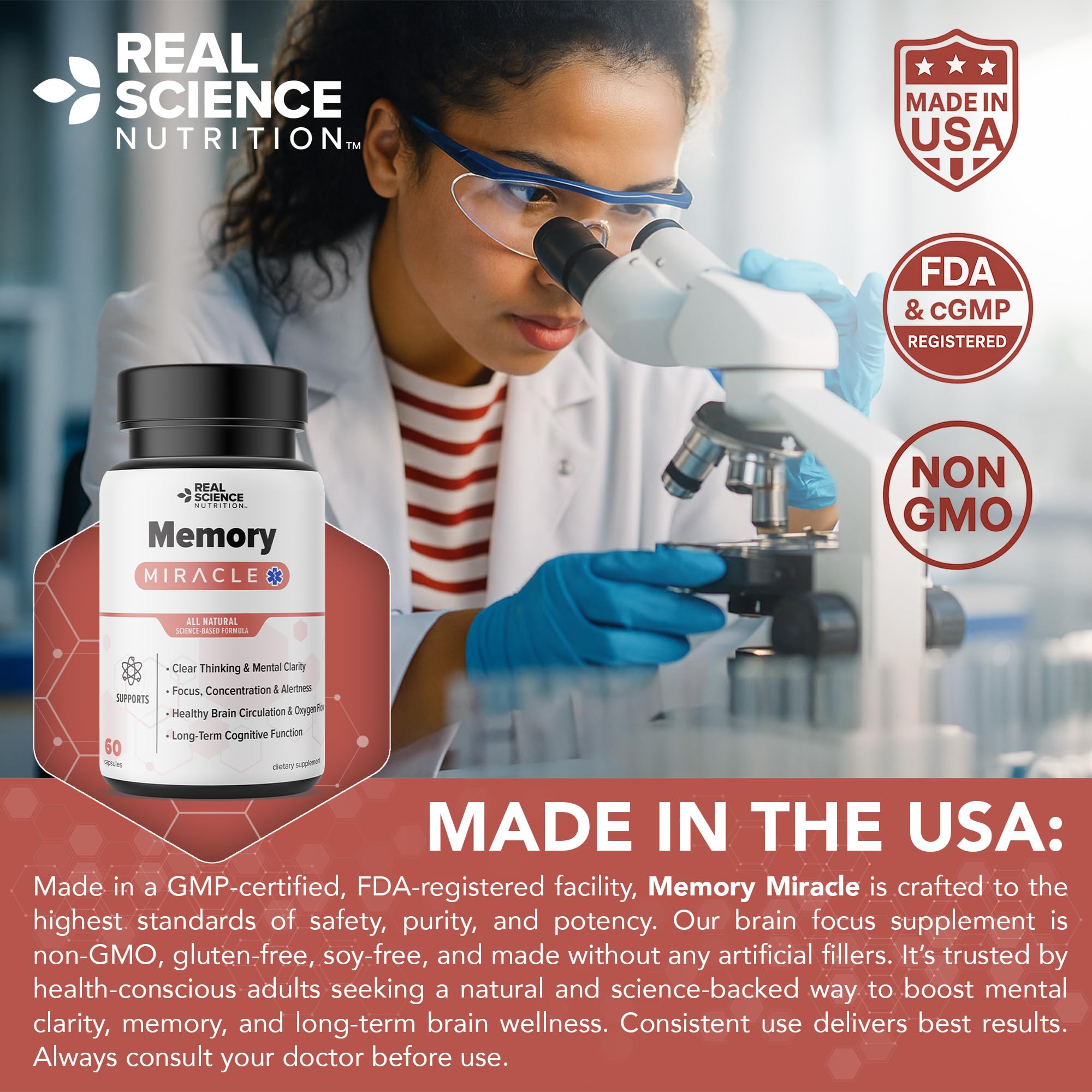 Real Science Nutrition Offers Memory Miracle – Brain and Memory Support Supplement for Focus, Mental Clarity & Brain Health – Nootropic Brain Booster with Nitric Oxide – 60 Capsules Real Science NutritionAu supplements
