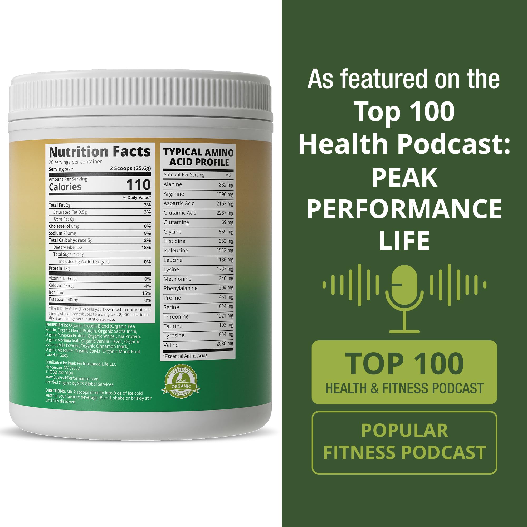 Peak Performance Organic Paleo Grain Free Plant Based Raw Vegan Protein Powder. Amazing Amino Acid Profile and Less Than 1g of Sugar. with Hemp and Pea Protein Vanilla Flavored Peak PerformanceAu supplements
