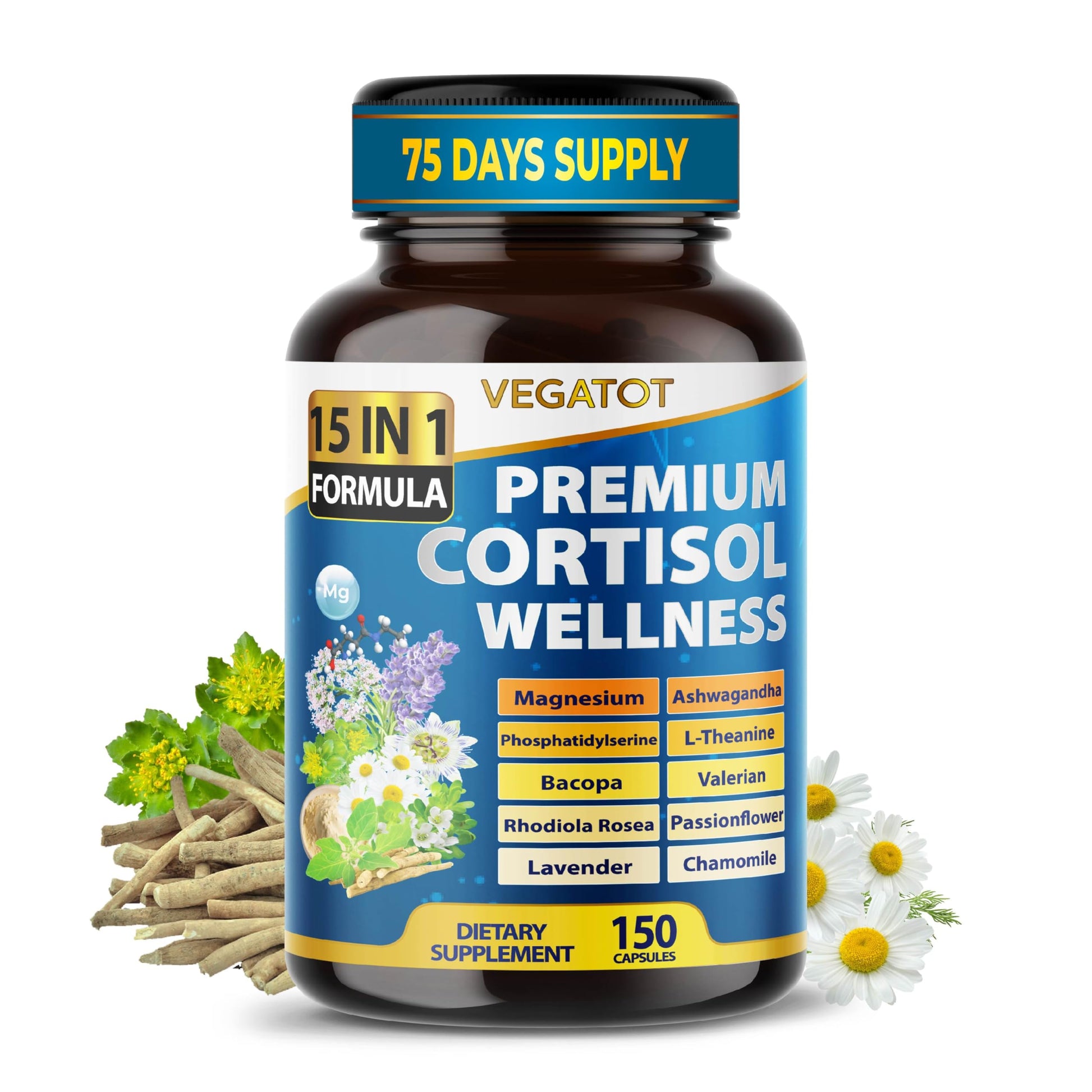 VEGATOT Organic Cortisol Wellness Complex 15-in-1 Formula with Magnesium Ashwagandha St. John's Wort Valerian Rhodiola Rosea Passionflower Chamomile VEGATOTAu supplements