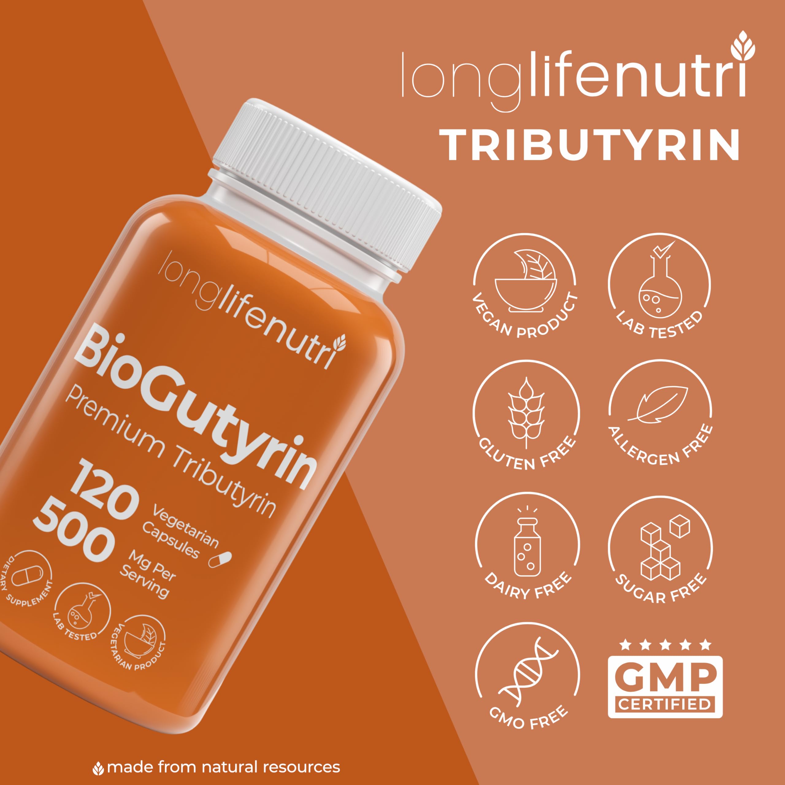 BioGutyrin – Tributyrin 500mg, Postbiotic Supplement for Gut Function & Nutrient Absorption, 120 Vegetarian Capsules, Butyric Acid for Butyrate Production, 4-Month Supply, GMP Certified, Made in USA LongLifeNutriAu supplements