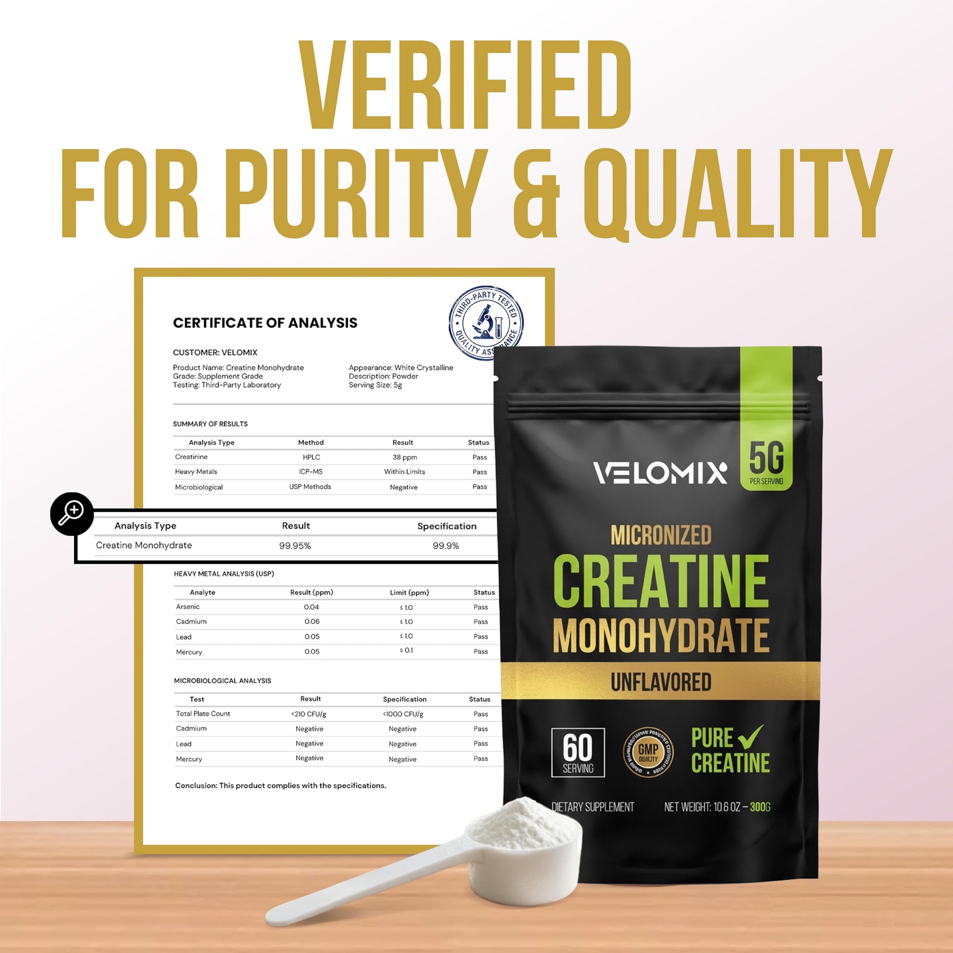 VELOMIX Micronized Creatine Monohydrate Powder - 100% Pure Creatine Powder Unflavored and Easy to Mix | Supports Muscle Growth, Recovery, and Strength | 5000mg Per Serv (5g) - 60 Servings VELOMIXAu supplements