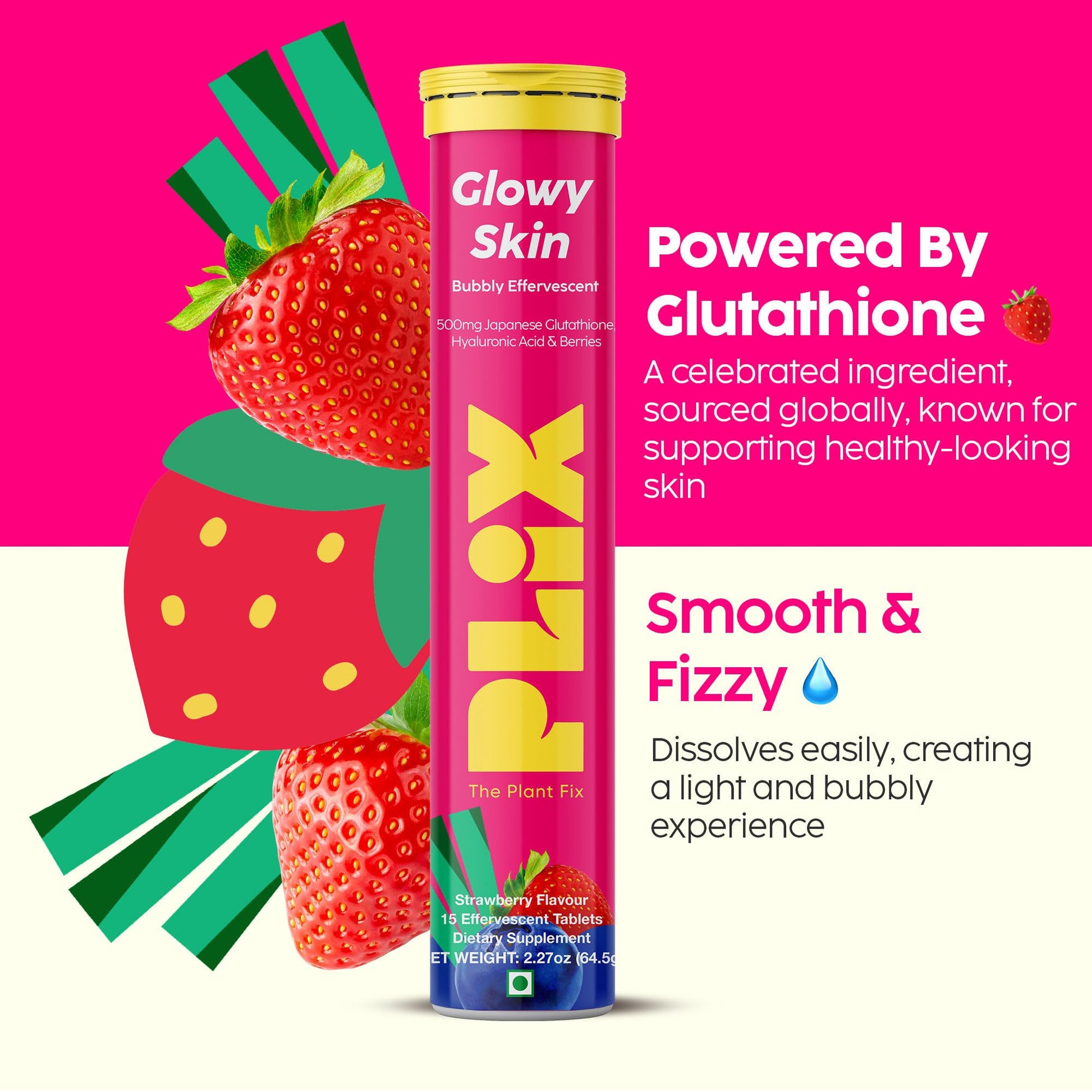 PLIX Glowy Skin 500mg Glutathione Supplement with Hyaluronic Acid, Vitamin C, E & Berries | 30 Effervescent Tablets, Strawberry Flavor PLIX - THE PLANT FIXAu supplements