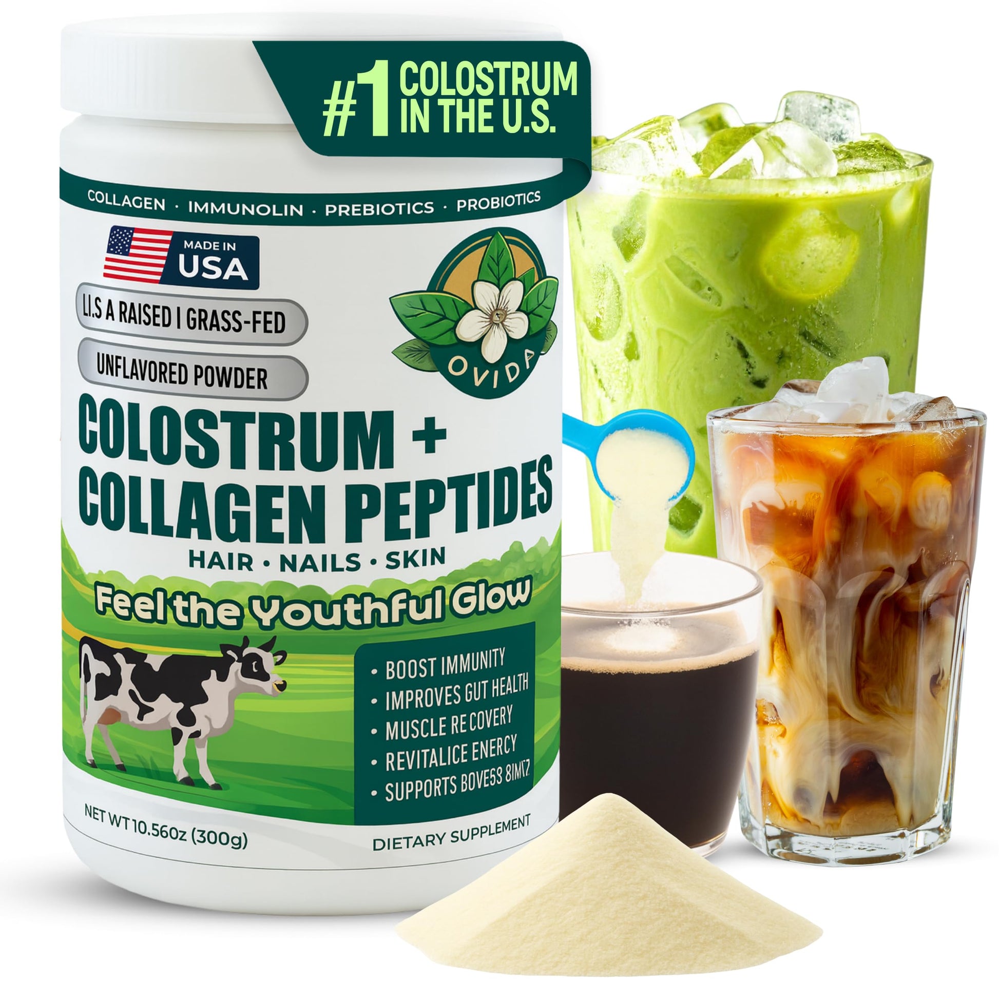Bovine Colostrum and Hydrolyzed Collagen Peptides Powder Supplement for Women & Men - Supports Gut Health, Joint & Bone Health, Hair Skin Nails - Grass-Fed, Non-GMO, Gluten Free, 300g (30 Servings) OVIDAAu supplements