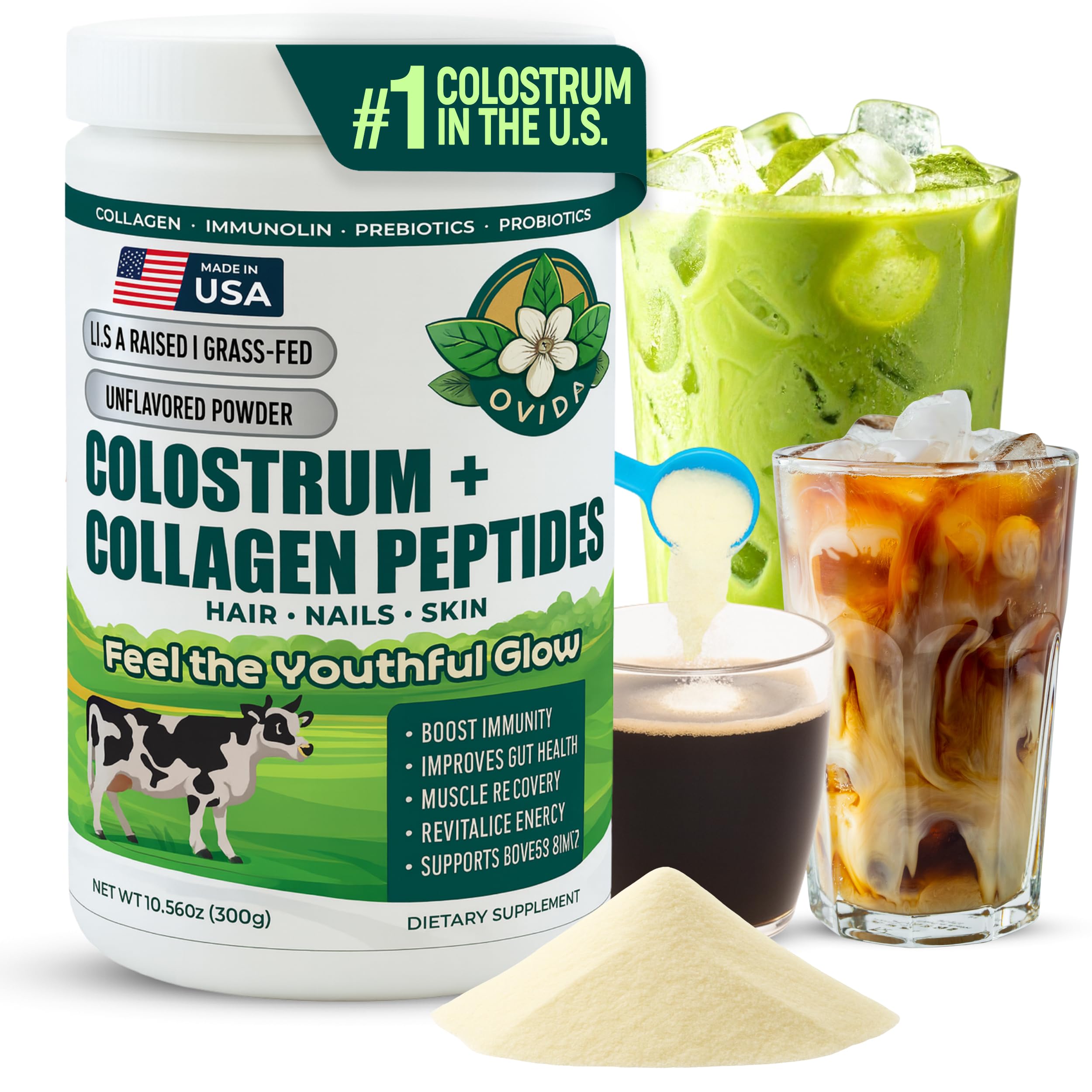 Bovine Colostrum and Hydrolyzed Collagen Peptides Powder Supplement for Women & Men - Supports Gut Health, Joint & Bone Health, Hair Skin Nails - Grass-Fed, Non-GMO, Gluten Free, 300g (30 Servings) OVIDAAu supplements