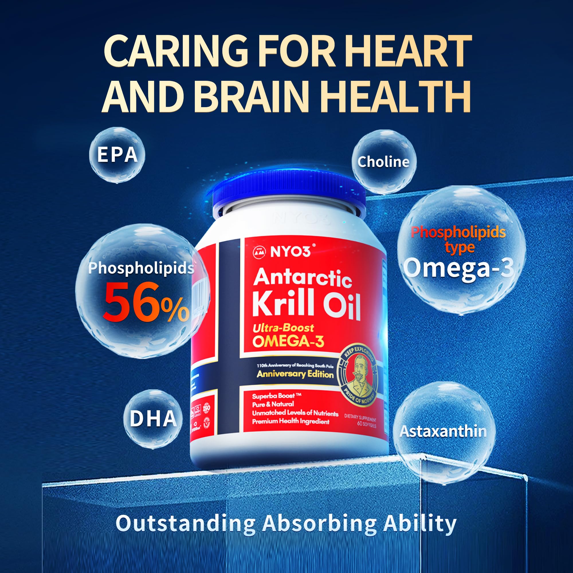 NYO3 Antarctic Krill Oil 1000mg Omega 3 Supplement, EPA & DHA, 90 Softgels Astaxanthin NYO3US supplements