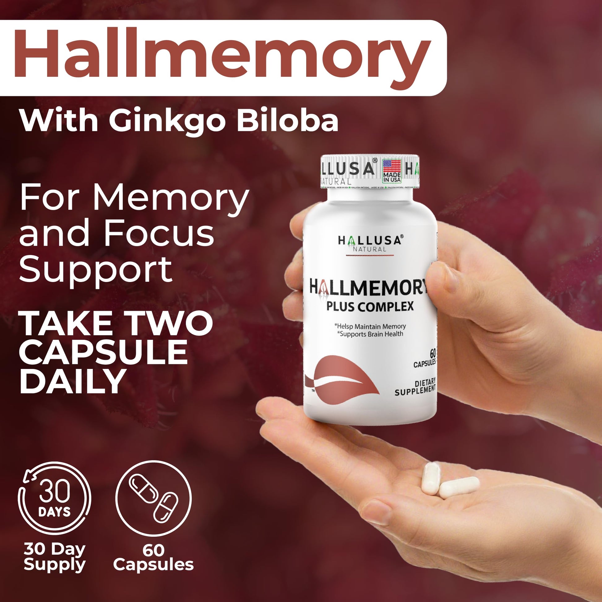 Hallusa Natural Brain Health Supplement Capsules 1680mg, Ginkgo Biloba, B Vitamins & Choline, Memory & Focus Support, Brain Booster for Men & Women, 60 Count Hallusa NaturalAu supplements