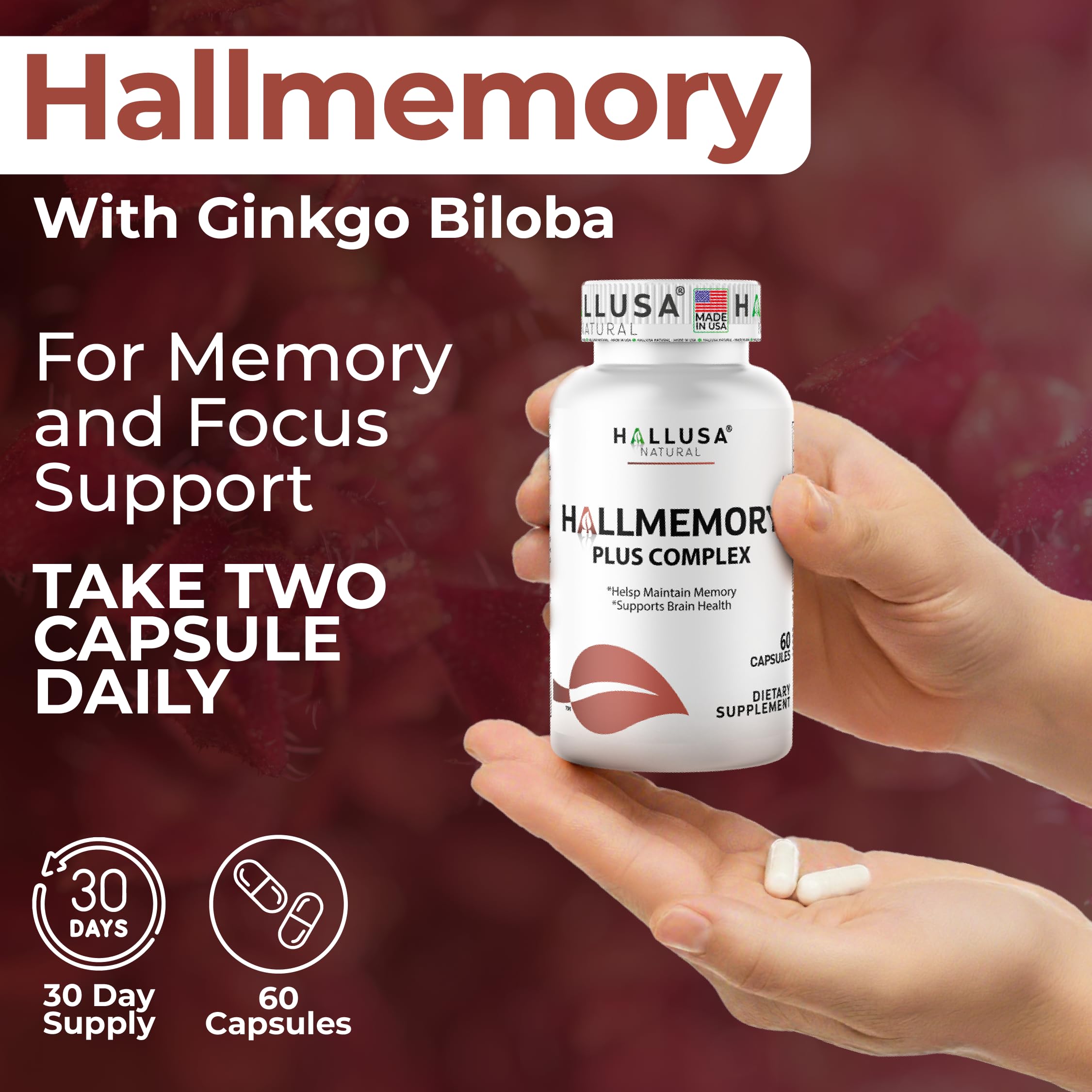Hallusa Natural Brain Health Supplement Capsules 1680mg, Ginkgo Biloba, B Vitamins & Choline, Memory & Focus Support, Brain Booster for Men & Women, 60 Count Hallusa NaturalAu supplements