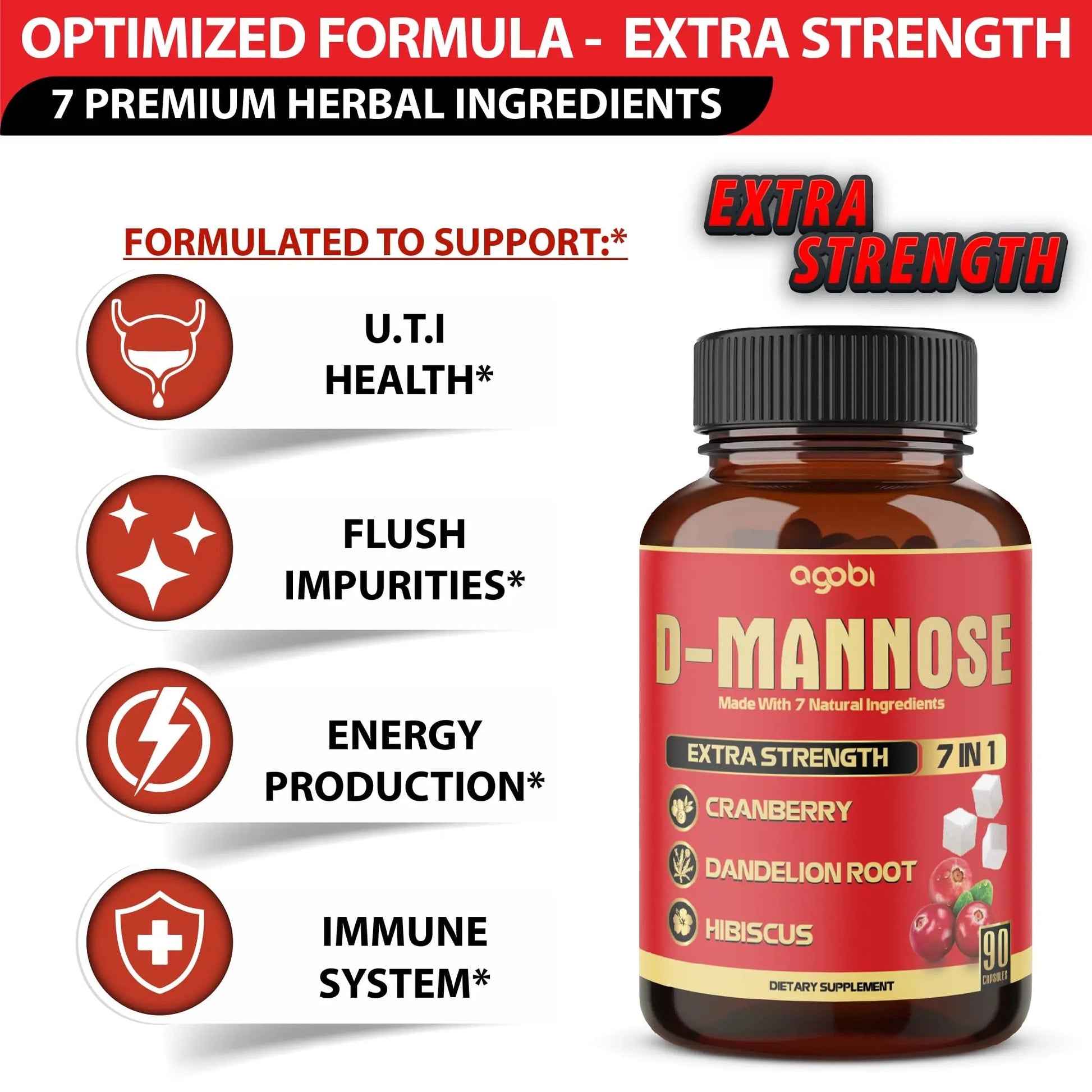 agobi D-Mannose Capsules - 7 Herbs with Cranberry, Dandelion, Hibiscus and More - Support Flush Impurities and Urinary Tract Health - 90 Vegan Capsules 3-Month Supply agobiAu supplements