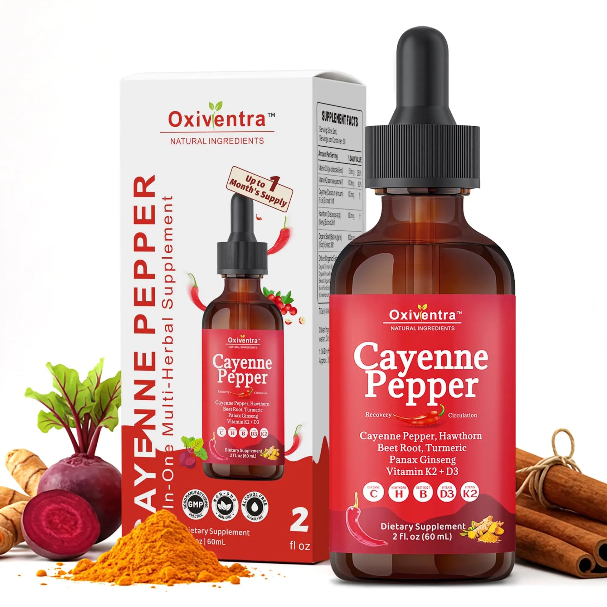 Cayenne Pepper Drops Liquid Supplement Smooth & Sweet Herbal Liquid + Hawthorn Berry, Vitamin D3 K2 Beet Root Powder, Ceylon Cinnamon, Turmeric Curcumin, Organic Panax Ginseng - 2fl oz OxiventraAu supplements