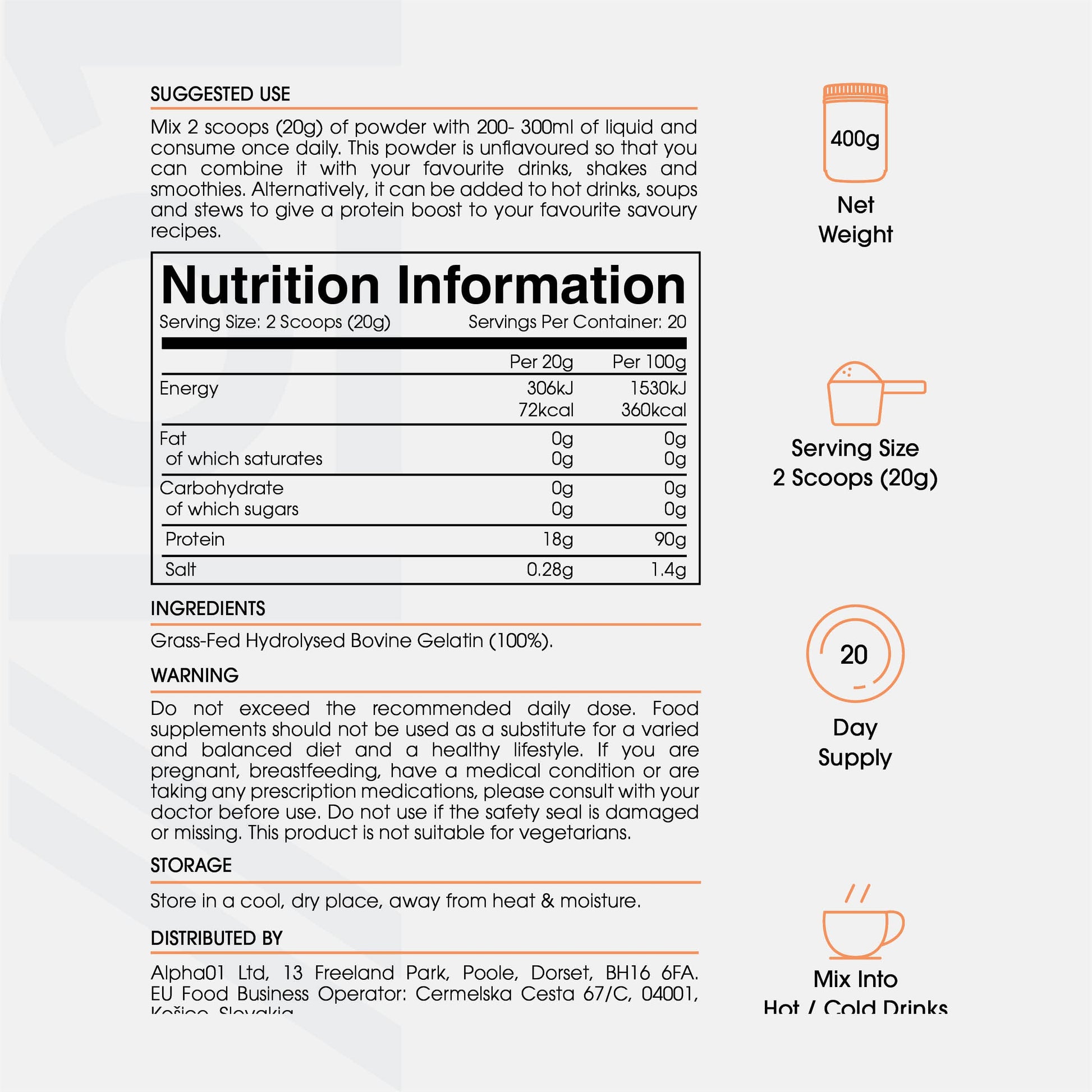 Bone Broth Beef Protein Powder - 400g - Unflavoured - 100% Grass-Fed & Pasture Raised Beef ALPHA01Au supplements