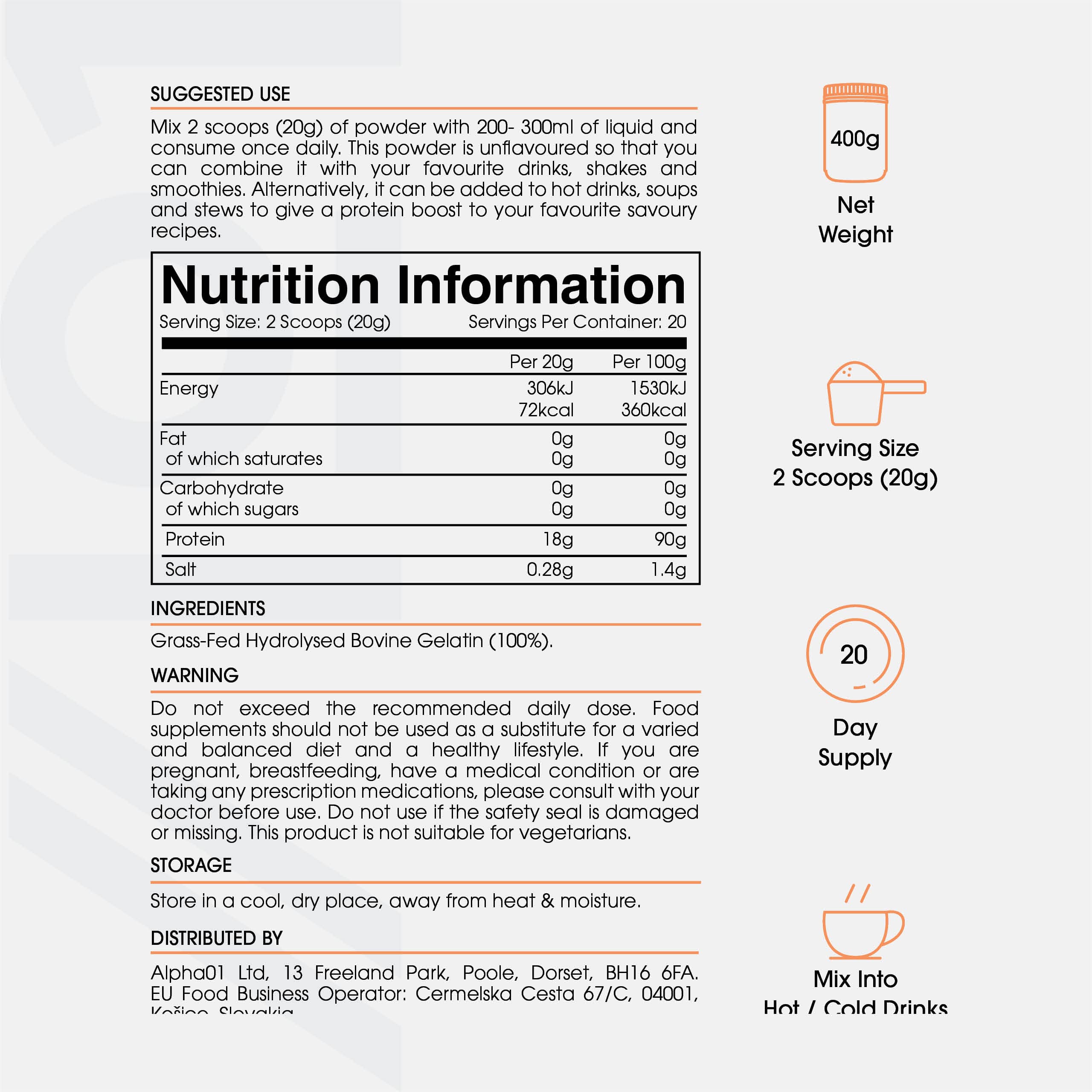 Bone Broth Beef Protein Powder - 400g - Unflavoured - 100% Grass-Fed & Pasture Raised Beef ALPHA01Au supplements