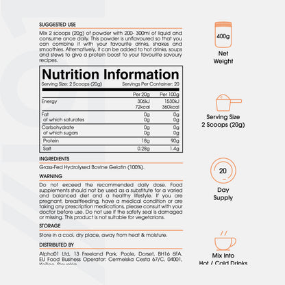 Bone Broth Beef Protein Powder - 400g - Unflavoured - 100% Grass-Fed & Pasture Raised Beef ALPHA01US supplements