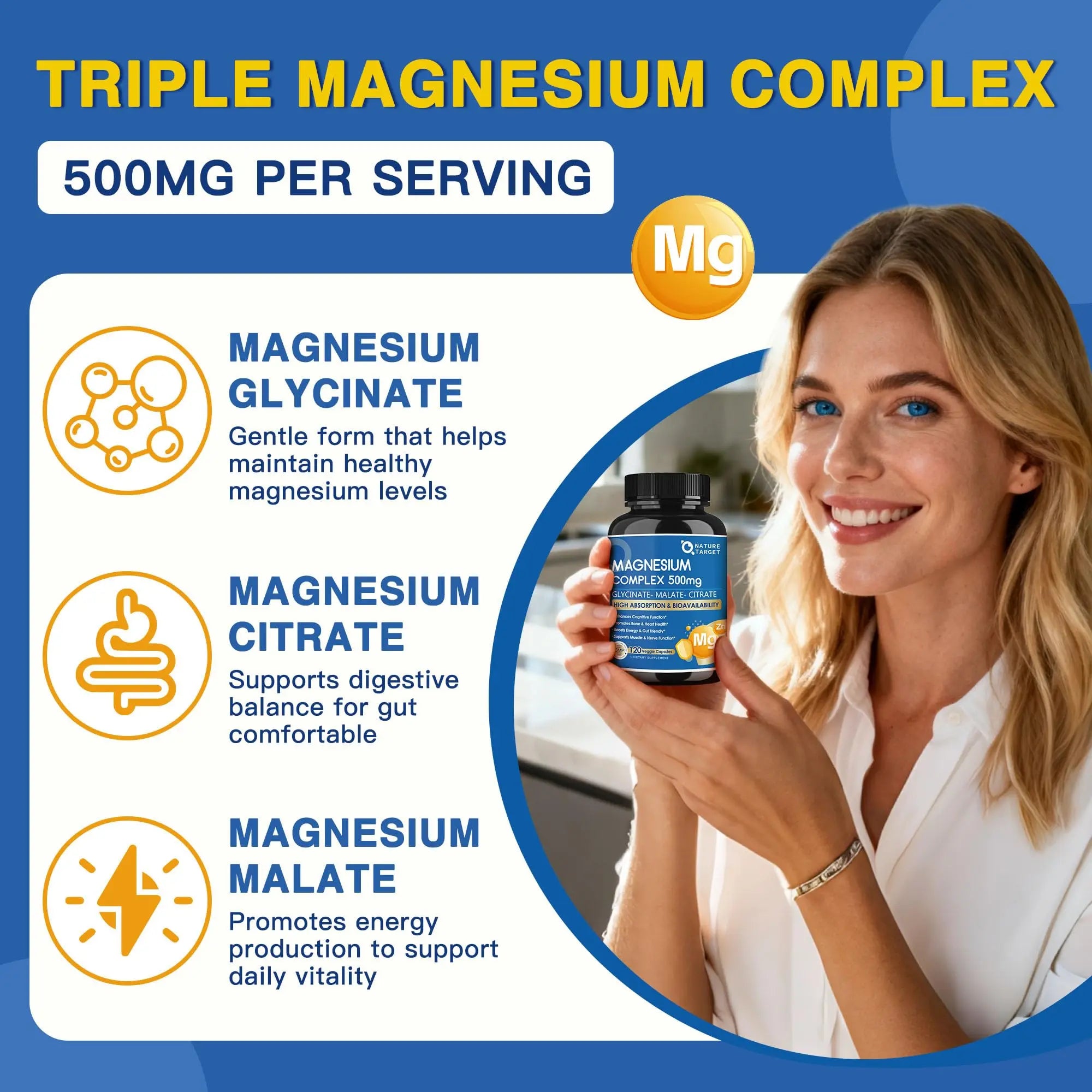 Magnesium Complex 500mg, Magnesium Glycinate, Malate & Citrate - High Absorption Chelated Triple Magnesium Supplement with Zinc, Vitamin D3 for Muscle, Nerve, Bone & Immune Support, Vegan 120 Capsules NATURE TARGETnz supplements
