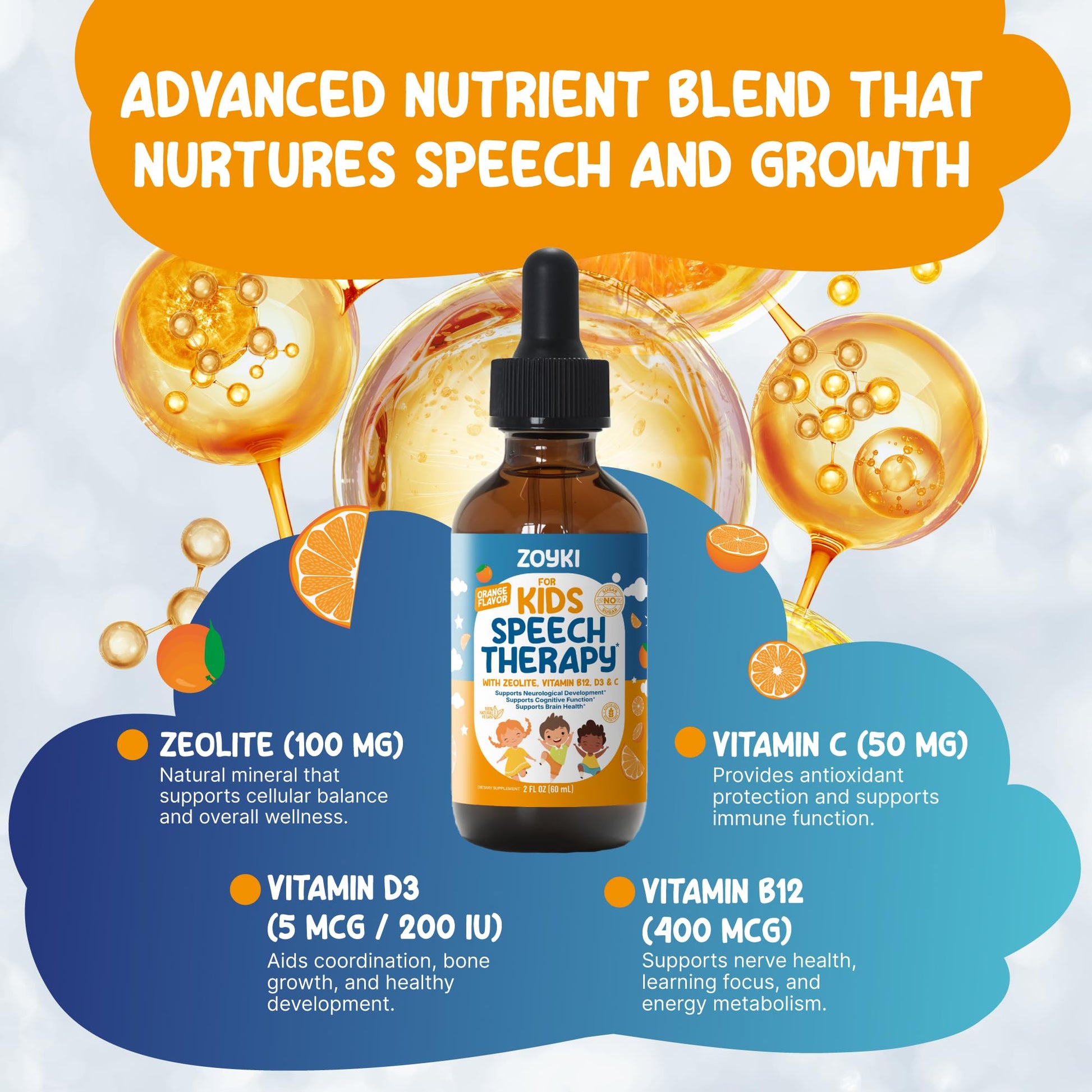 Zoyki Speech Therapy Drops for Kids - Speech Support Supplement for Communication Delay Cognitive Function Language & Brain Development with Zeolite Vitamins B12 D3 C - Sugar Free Gluten-Free Vegan ZoykiAu supplements