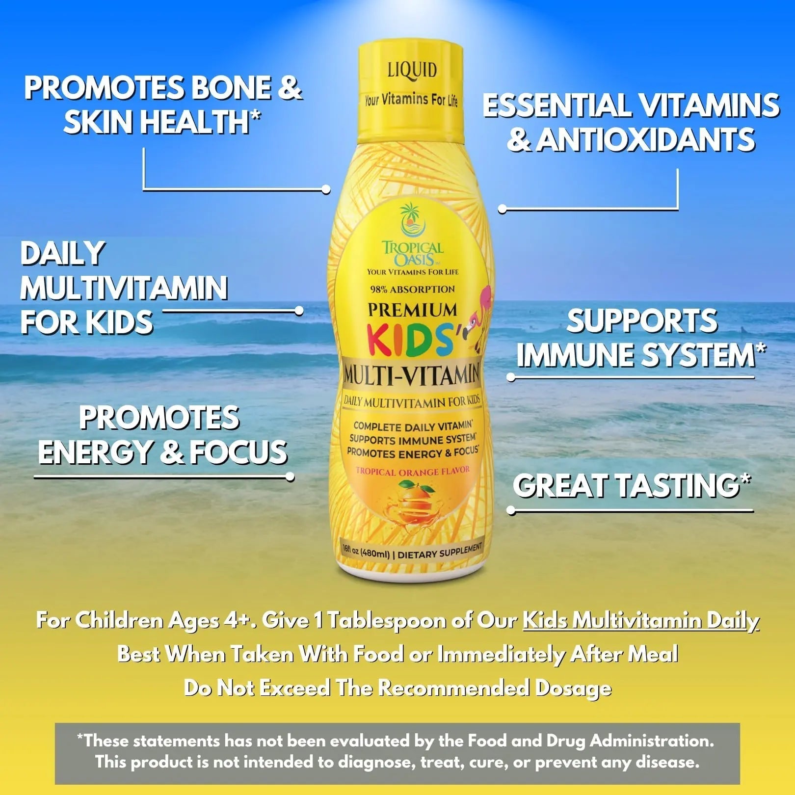 Premium Liquid Multivitamin For Kids | Sugar Free Kids Vitamins | 100% DV of 14 Vitamins for Kids | Multivitamin for Children Ages 4+ | Tropical OasisAu supplements