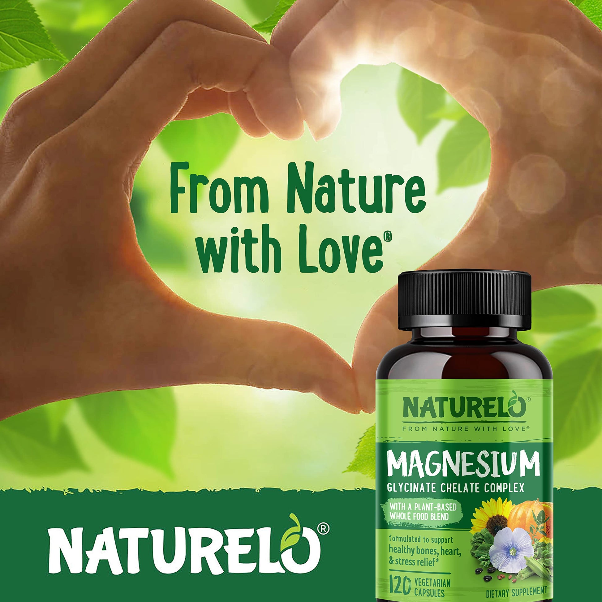 NATURELO Magnesium Glycinate Chelate Complex - 200 mg Magnesium with Organic Vegetables to Support Sleep, Calm, Muscle Cramp & Stress Relief - Gluten Free, Non GMO - 120 Capsules NATURELOAu supplements