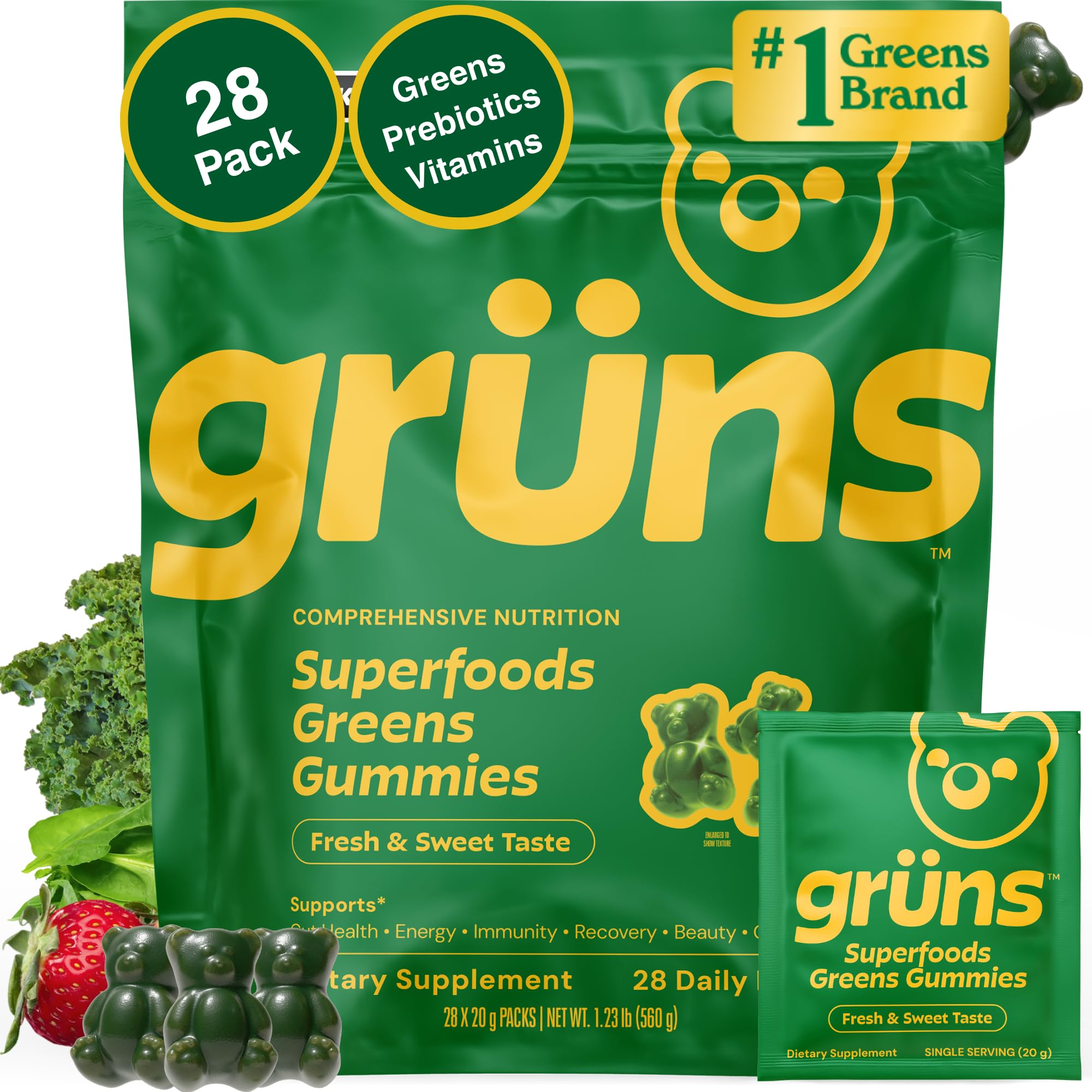 Gruns Adult Super Greens Multivitamin Gummies, Superfood Gummy Vitamins for Women and Men with Spirulina, Chlorella, Adaptogens & Prebiotic Fiber for Digestive Health (28 Count) GrünsAu supplements