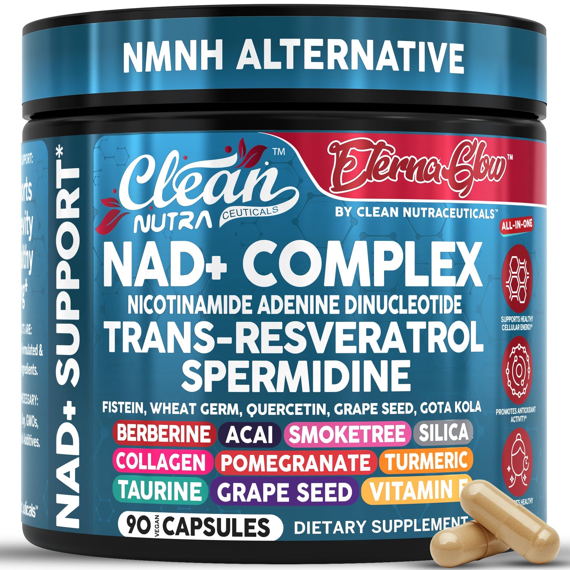 Clean NAD Supplement Resveratrol Liposomal NAD+ Spermidine Fisetin Wheat Germ Quercetin Grape Seed Extract Gotu Kola Berberine Astaxanthin Peptides for Women Energy 90 Capsules Clean NutraceuticalsAu supplements