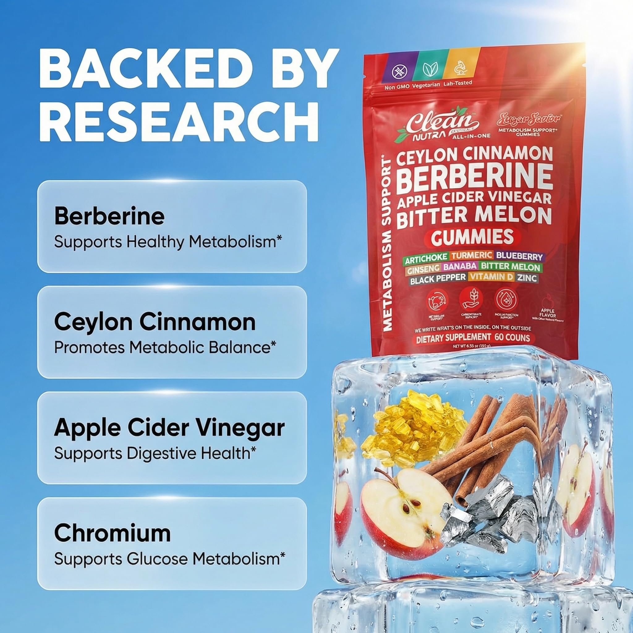 Sugar Savior Ceylon Cinnamon Berberine Gummies Apple Cider Vinegar Artichoke Turmeric Blueberry Ginseng Banaba Bitter Melon Black Pepper Vitamin D Zinc GLP1 Gummies 60 Count by Clean Nutra Clean NutraceuticalsAu supplements