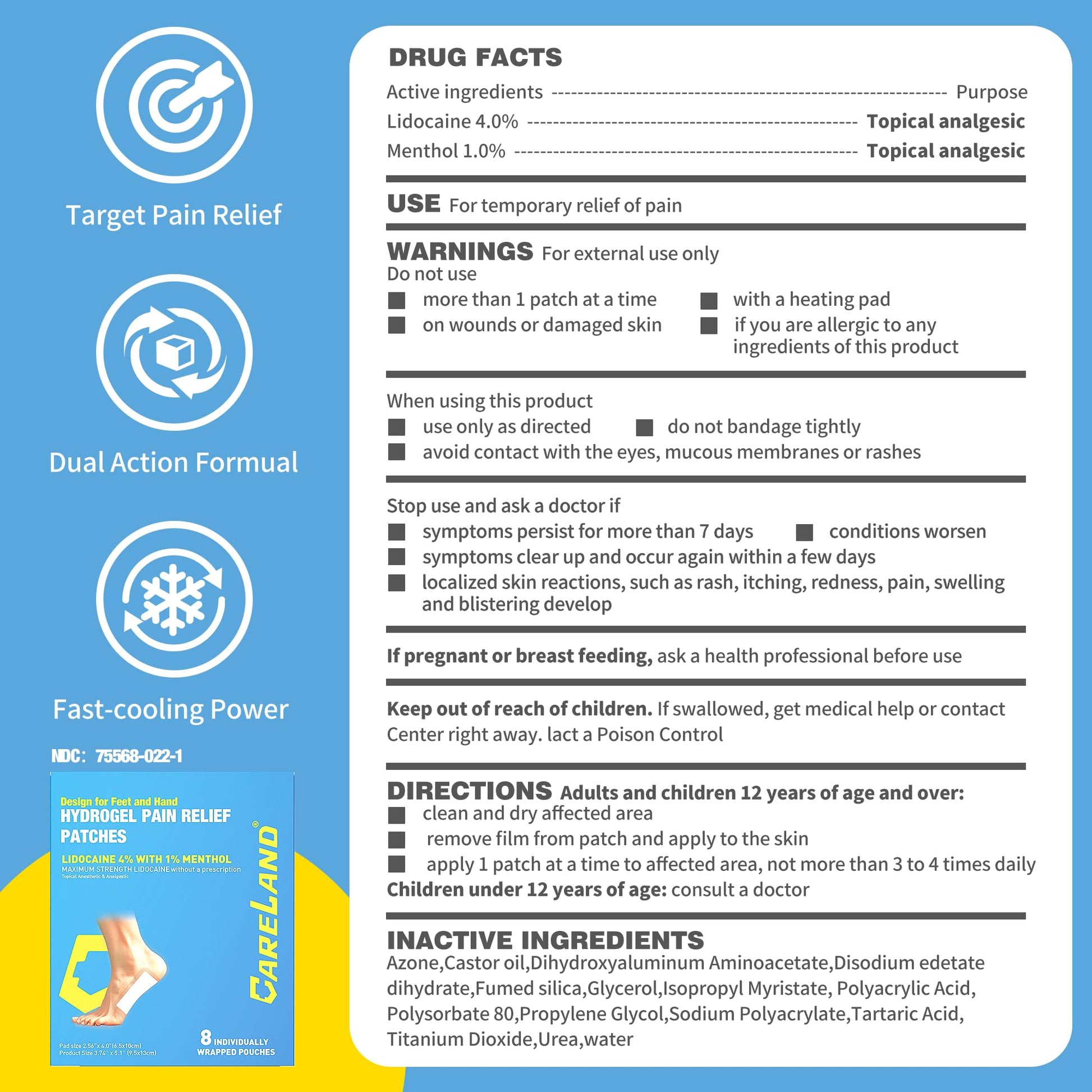 CARELAND Plantar Fasciitis Lidocaine Pain Patches with Hydrogel Technology- Waterproof with Sticky Border, 12 Hour Pain Relief - Contours to Your Foot - 16 Ct CARELANDAu supplements