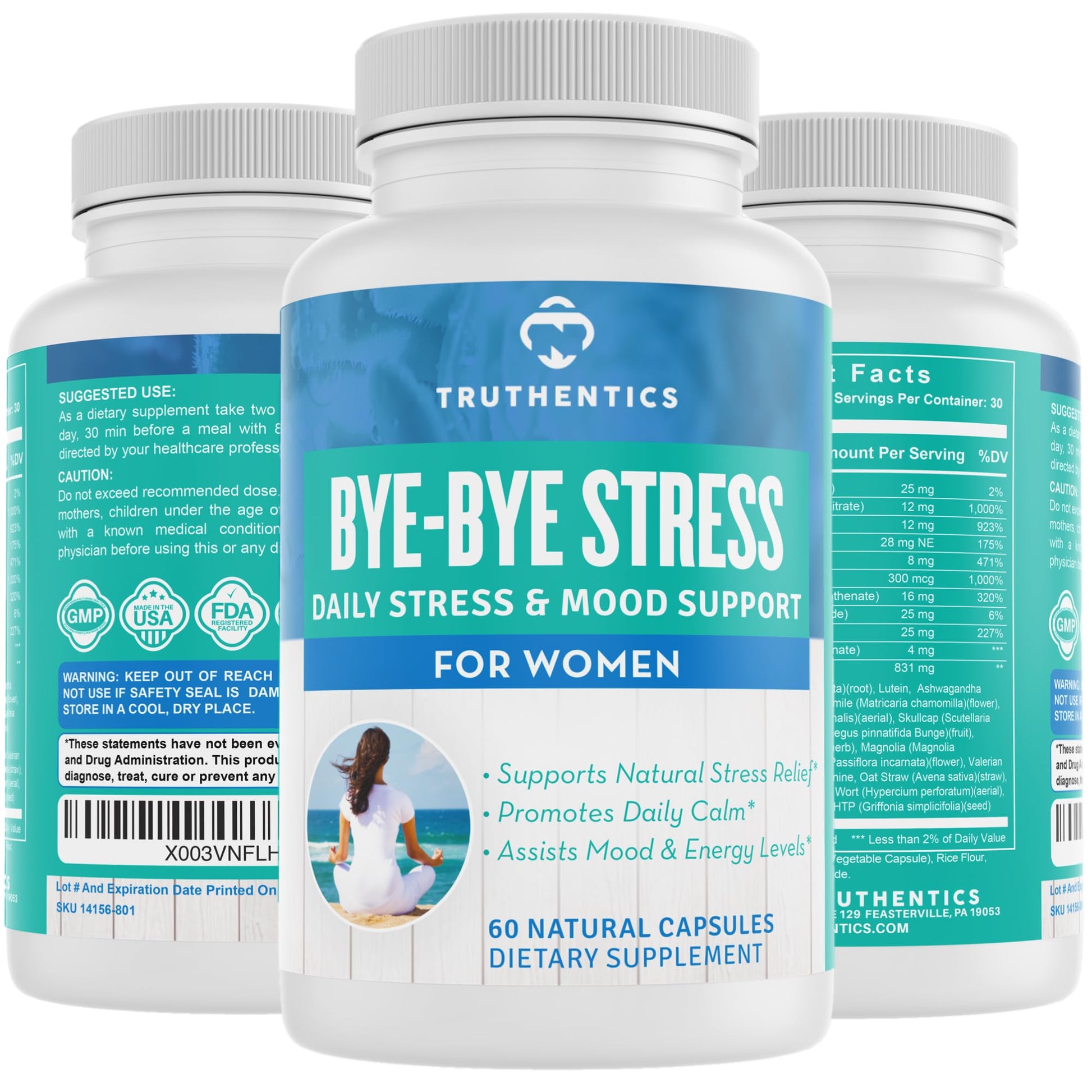 TRUTHENTICS Bye-Bye Stress - Stress & Mood Support Supplement for Women with Ashwagandha, GABA, Lemon Balm, L-Theanin & Vitamin B Complex - Vegan - 60 Capsules TRUTHENTICSAu supplements