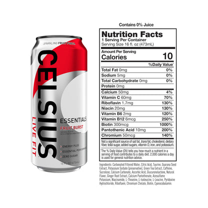 CELSIUS ESSENTIALS, Sparkling Fruit Burst, Performance Energy Drink 16 Fl Oz (Pack of 12) CELSIUSUS supplements