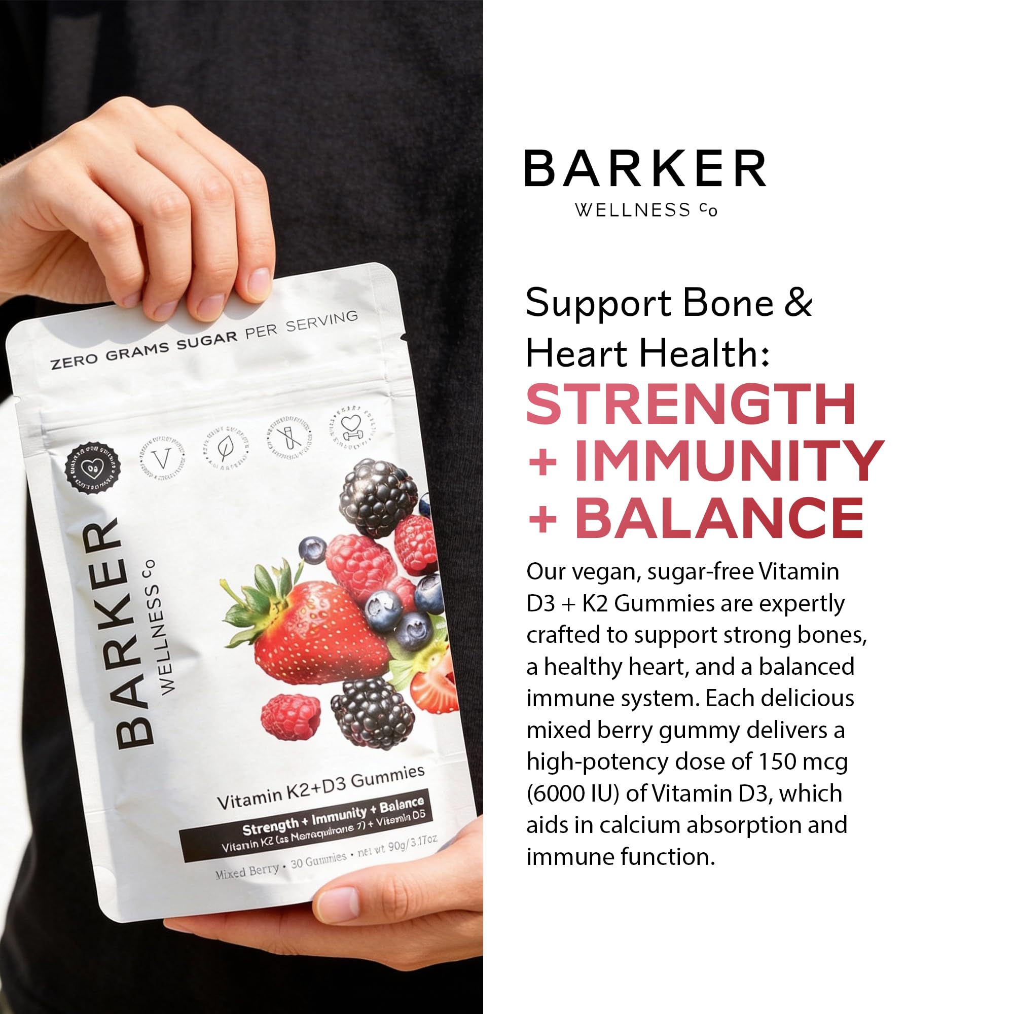 Barker Wellness D3 K2 Vitamin Gummies – Max Potency 6000IU D3 + 200mcg K2 for Strong Bones, Cardiovascular Wellness, Immune Support | Vegan, Sugar-Free, Delicious Mixed Berry | 30 Servings Barker Wellness CoAu supplements