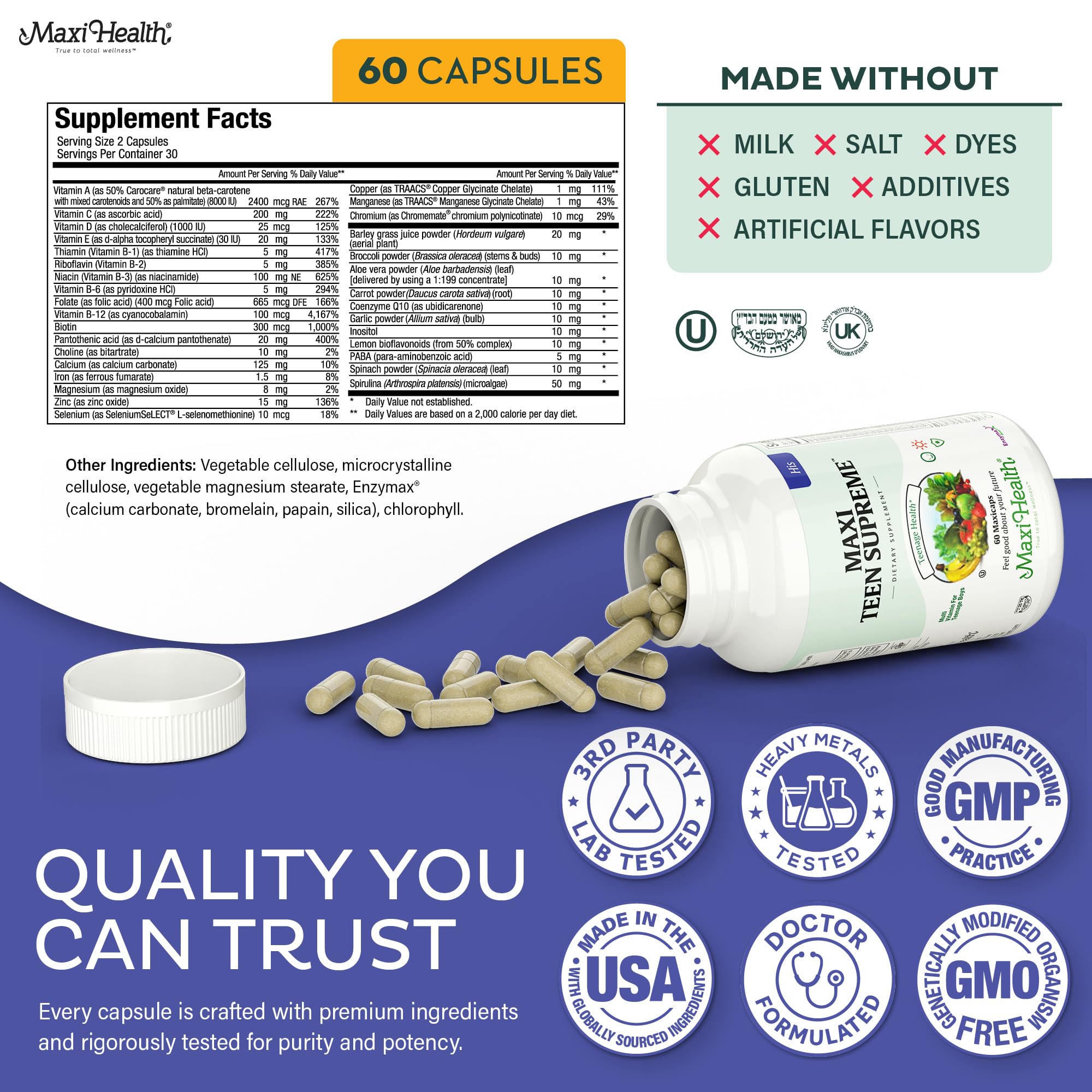 Teen Vitamins for Boys 12-17 - Teen Multivitamin Supreme with D3, Iron, Calcium, Biotin, Digestive Enzymes Maxi HealthAu supplements