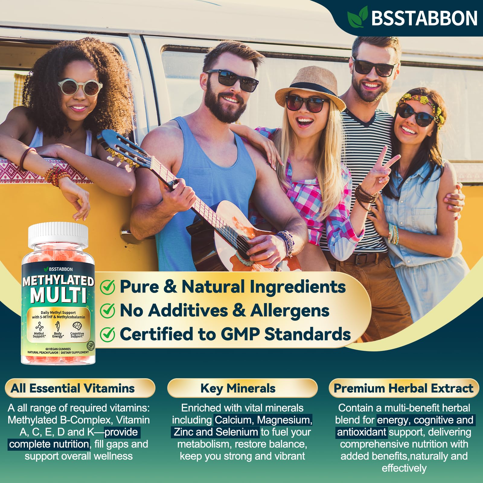 BSSTABBON Methylated Multivitamin for Women Men: Organic Iron Free Multivitamins Gummies plus 5-MTHF Active B12 P5P CoQ10 NAC TMG - Chewable Sugar Free Gummy for Energy Immune Overall Health(120Count) BSSTABBONAu supplements