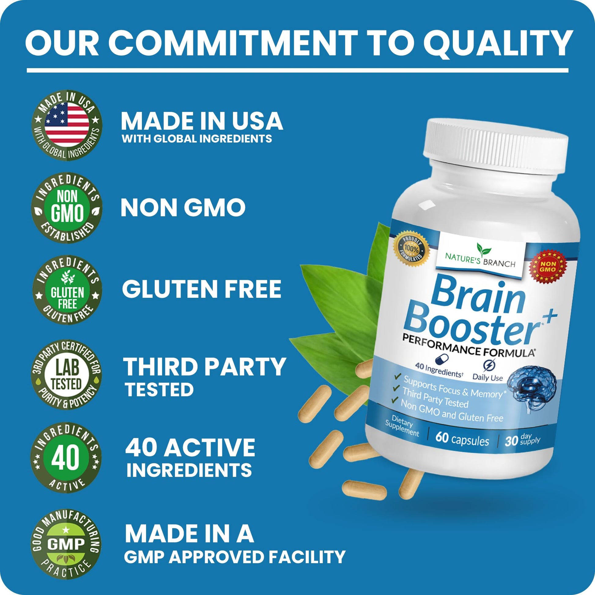 40-in-1 Brain Booster Supplement for Focus, Memory, Clarity, Energy | Advanced Vitamins Plus eBook | for Men & Women, Cognitive Function Nootropic Support with DMAE, Mind Health Formula | 60 Capsules NATURE'S BRANCHAu supplements