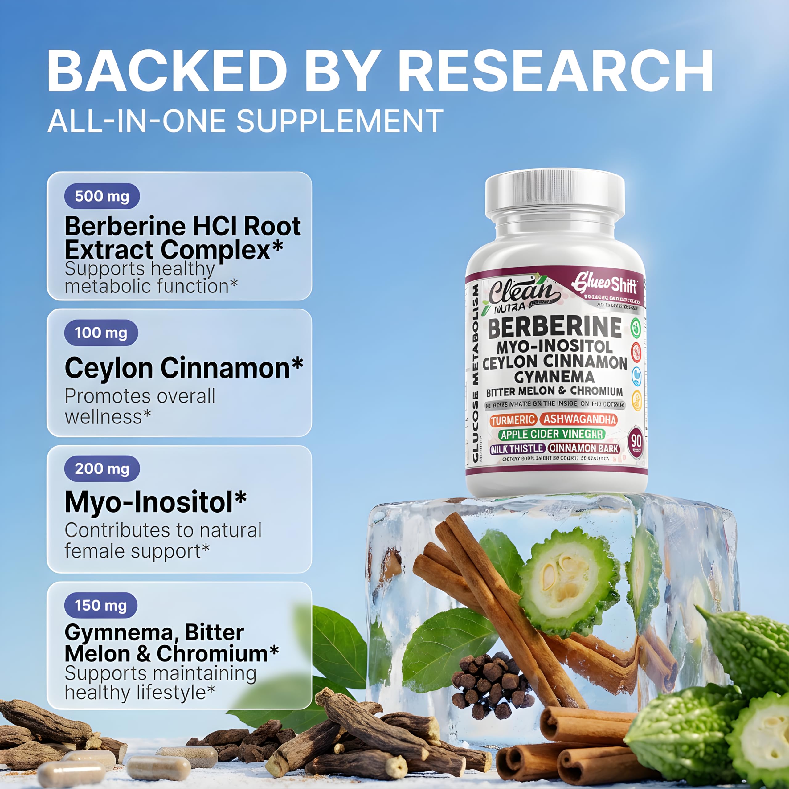 Clean Nutra Berberine Supplement Myo-Inositol Ceylon Cinnamon Gymnema Bitter Melon Chromium Complex for Digestion, Antioxidant Support & Wellness 90 Vegan Capsules Non-GMO Clean NutraceuticalsAu supplements