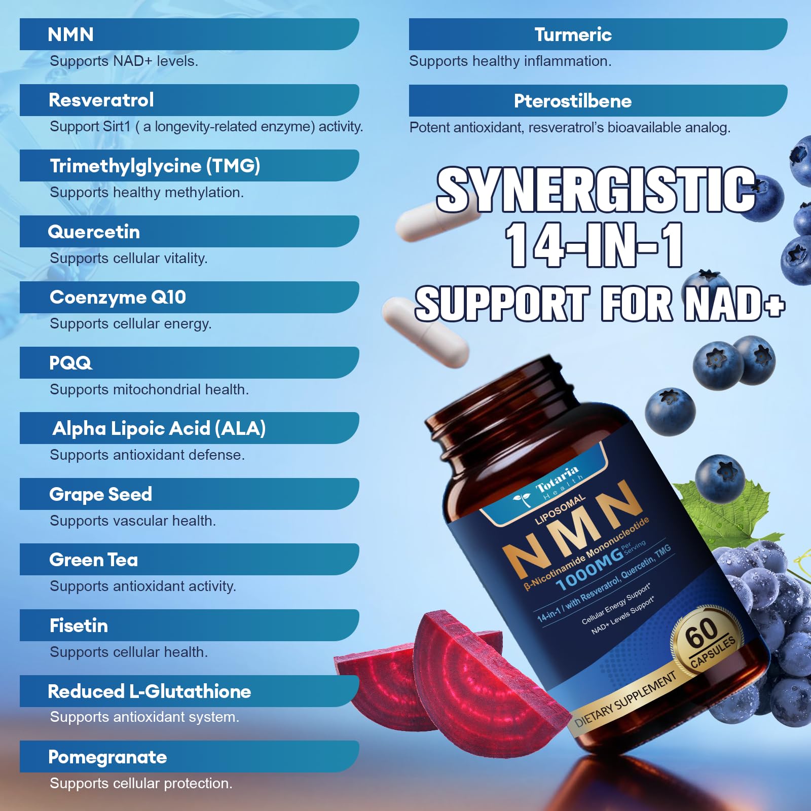Totaria Liposomal NMN Supplement 1000mg, 14-in-1 NMN Resveratrol Complex with CoQ10, TMG, Quercetin, ALA, PQQ, Support NAD Levels, Cellular Energy & Healthy Aging, 60 Capsules, cGMP, Filler Free TotariaAu supplements