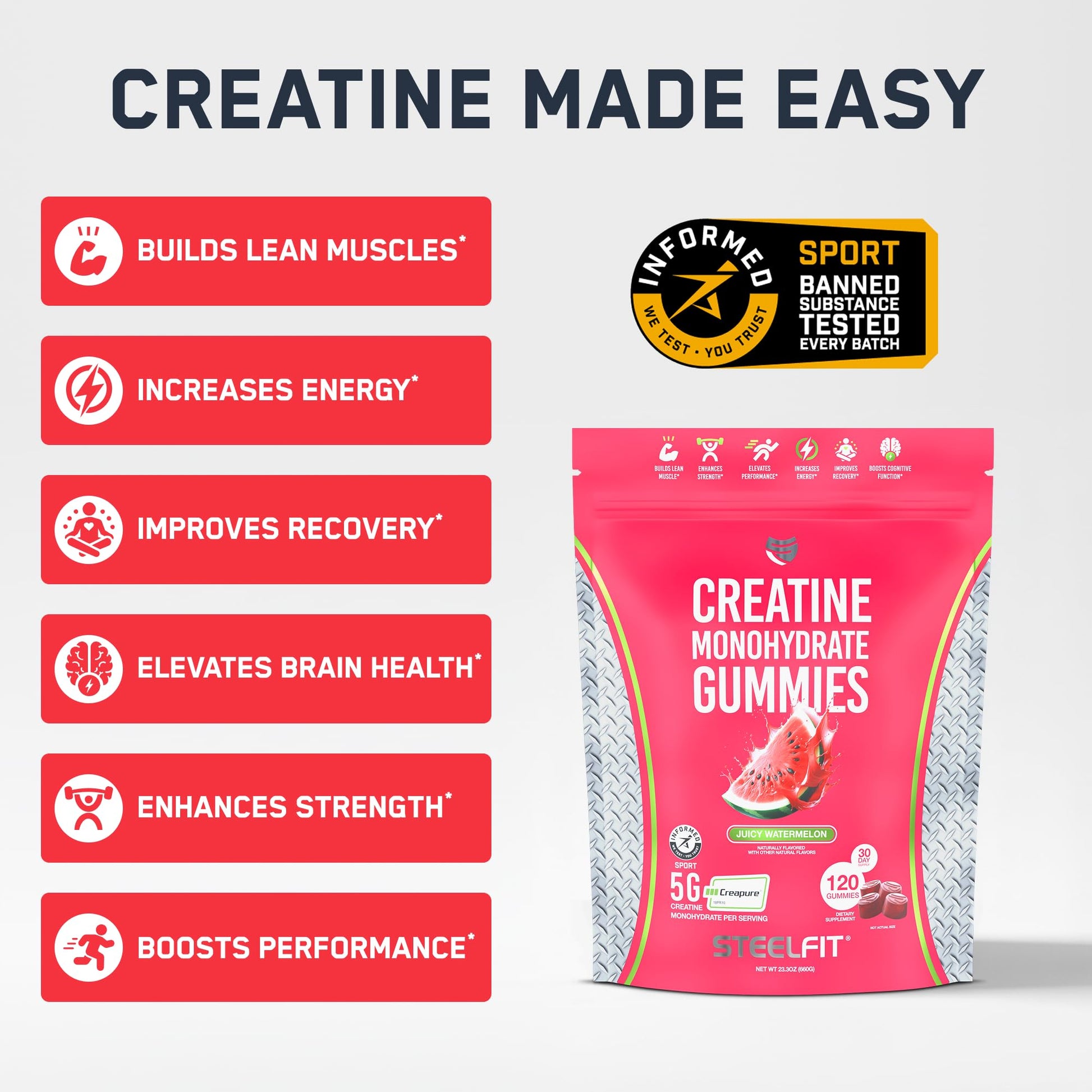 SteelFit Creapure Creatine Monohydrate Gummies for Men & Women, Juicy Watermelon - Gym Workout Nutritional Supplements for Muscle Gain, Brain Health & Strength Building Dietary Supplement, 120 Gummies SteelFitAu supplements