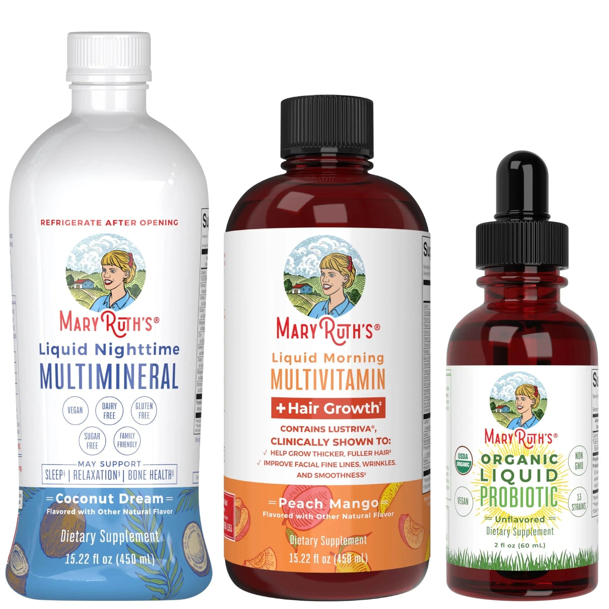 MaryRuth's Morning Multivitamin +Hair Growth (Peach Mango, 15oz), Nighttime Multimineral (Coconut, 15oz) & Probiotic Drops (2oz) | MARYRUTH'SAu supplements