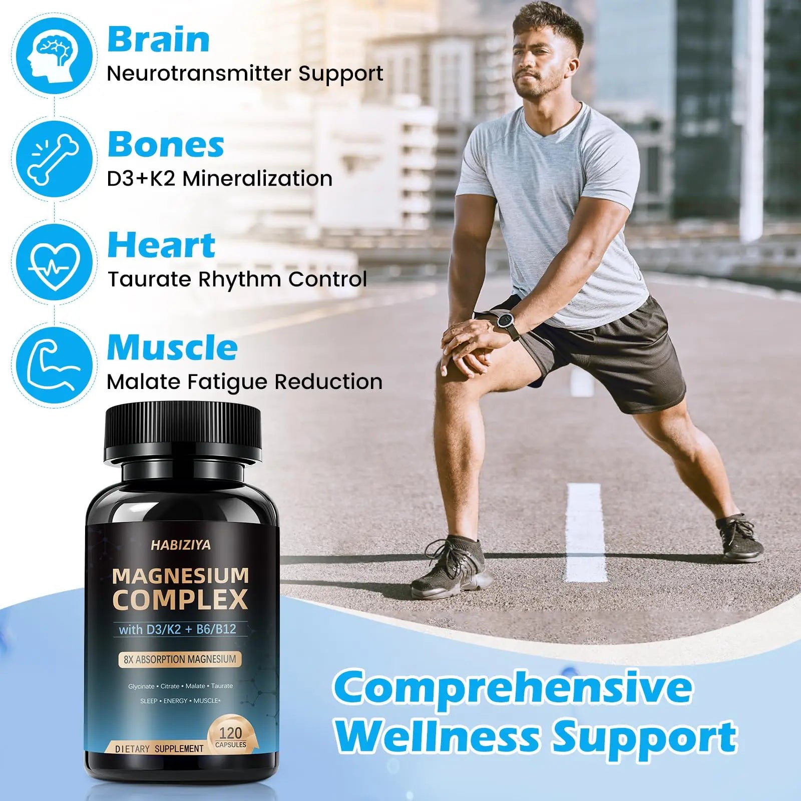 Magnesium Complex Supplement 600mg with with D3 K2 MK7 & B Vitamins High Absorption Capsules with Glycinate, Citrate & Malate,Taurate Relaxation,Muscle,Heart Support, Vegan 120 Capsules HABIZIYAnz supplements