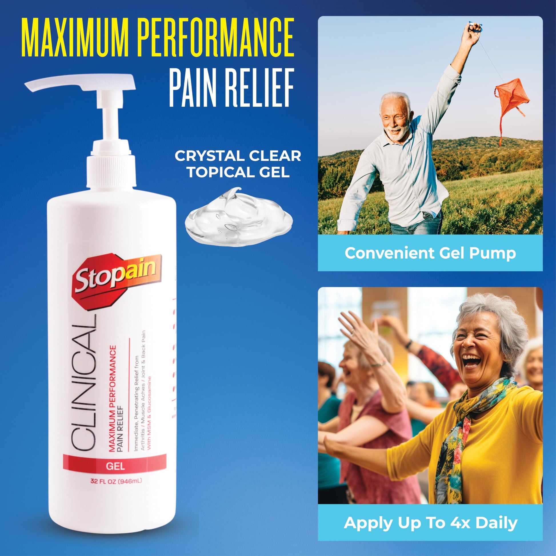 Stopain Clinical Pain Relief Gel 32 oz - Professional Formula for Arthritis, Knee, Back & Muscle Pain - Maximum Strength Gel for Joint & Nerve Pains with 10% Menthol Plus Glucosamine - Made in USA StopainAu supplements
