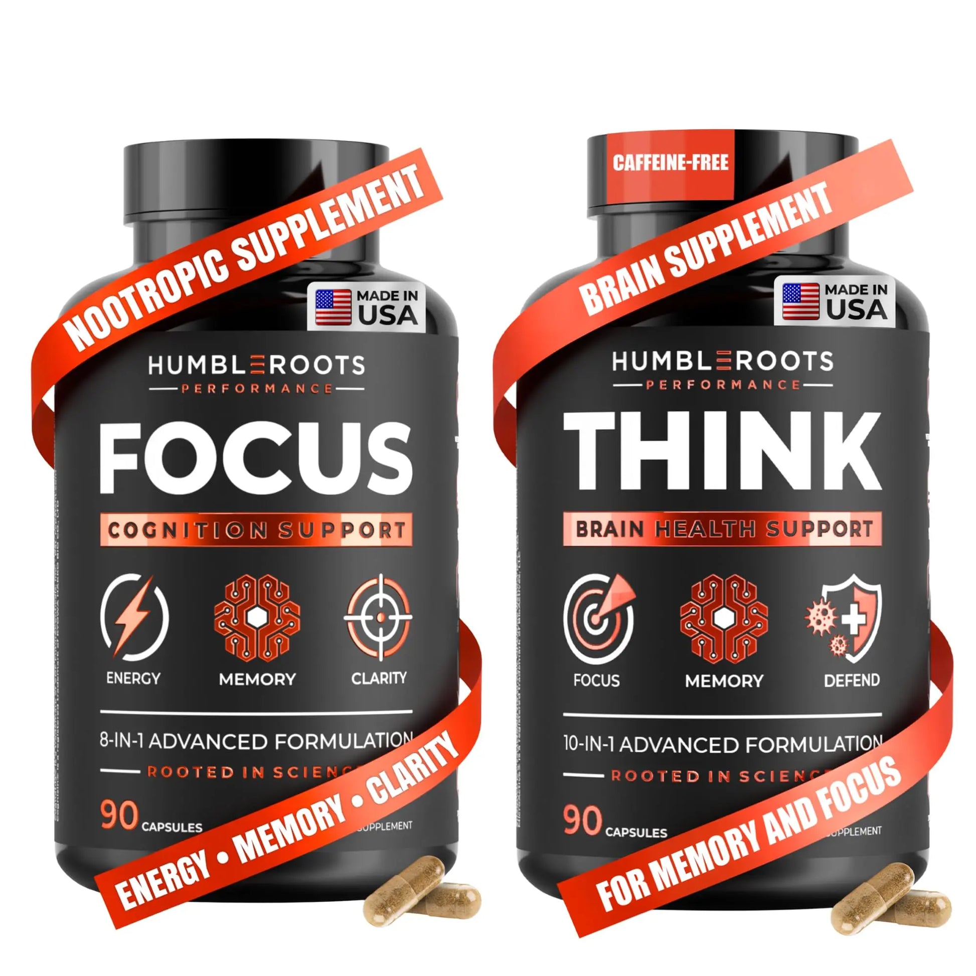 FOCUS + THINK Nootropic Brain Supplement Bundle - Energy, Memory & Focus Support - Caffeine + Caffeine-Free Cognitive Stack with Lion's Mane, Bacopa, Citicoline & L-Theanine - 2 Bottles (90 + 90 Capsu HUMBLEROOTS PERFORMANCEAu supplements