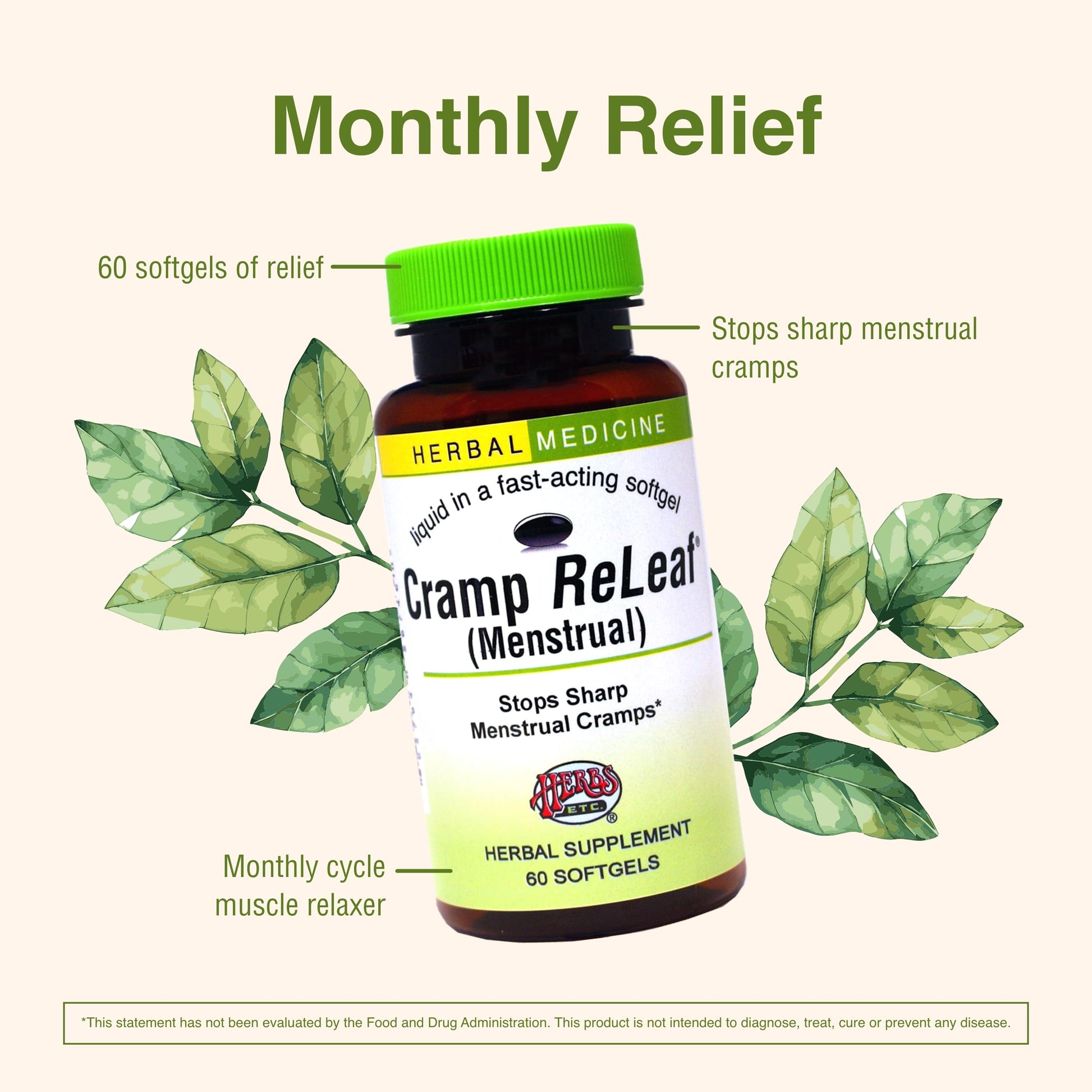 Herbs Etc. Cramp ReLeaf (Menstrual) - Abdominal Muscle Support - Herbal Supplement to Aid Menstrual Health - Period Cramp Support with Black Haw, Cramp Bark and Bethroot - 60 Softgels (60 Servings) Herbs Etc.Au supplements